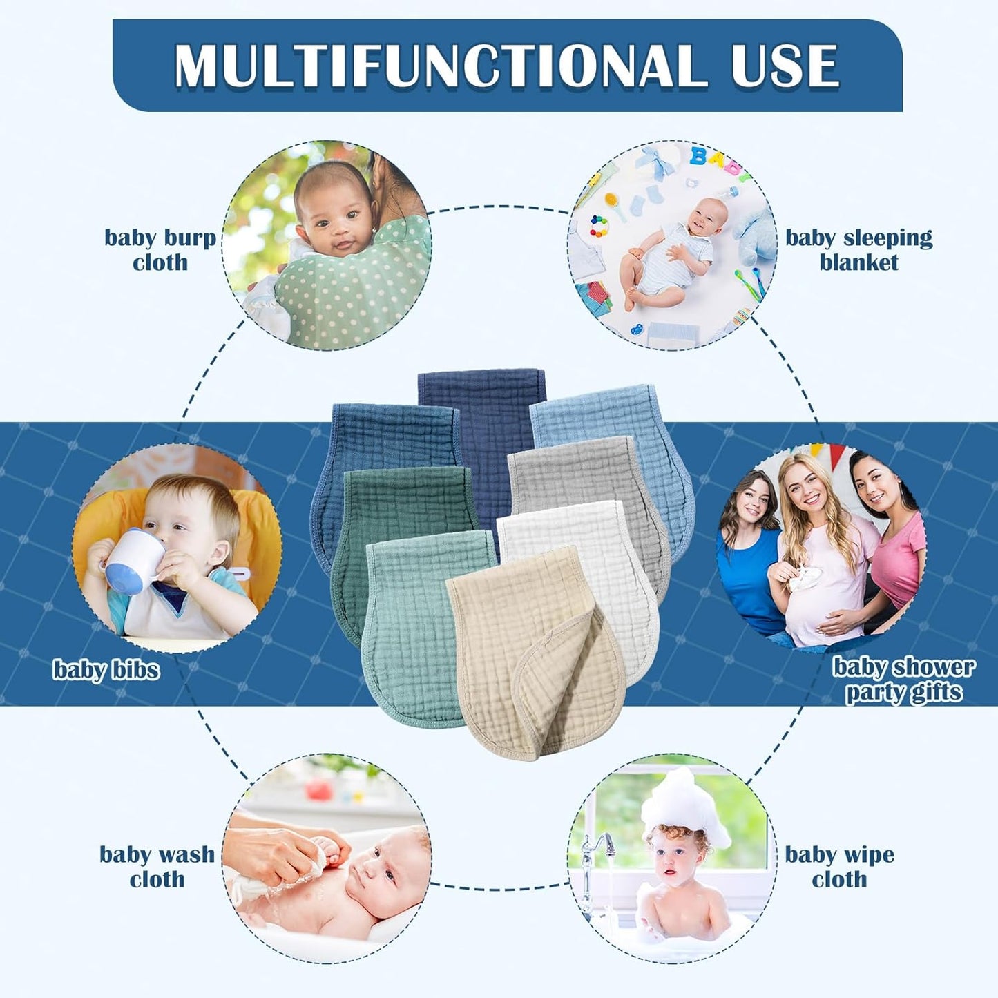 Frienda 8 Pieces Muslin Burp Cloths for Baby Cotton Burp Cloth 10 x 20 Inches Multi Colors Muslin Washcloths Diapers 4 Absorbent Layers Newborn Face Towels for Baby Boy Girl Unisex (Cool Colors)