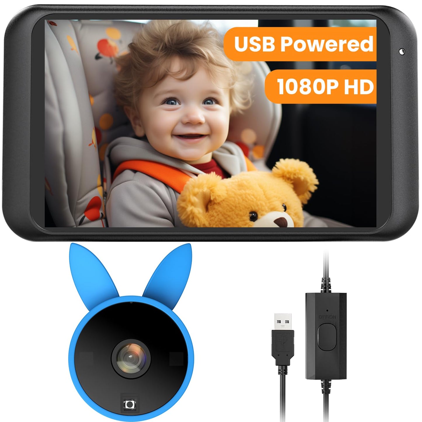 Babyvue BV2 USB Car Camera for Baby : 4.5" Car Seat Camera with 1080P Crystal Clear Mirror View, Easy Installation Carseat Rear Facing Moitor for Pet & Kids, HD IR Night Vision Backseat Monitor