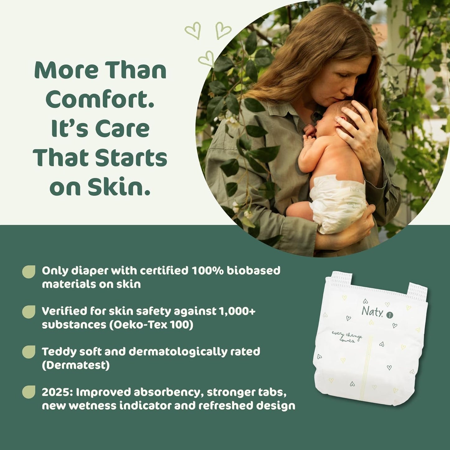 Naty BioEmbrace Baby Newborn Diapers Size 1 (4–11 lbs) | 100% Biobased on Skin | Plant-Based Softness | Dermatologically Tested, Super Absorbent | 25 Count
