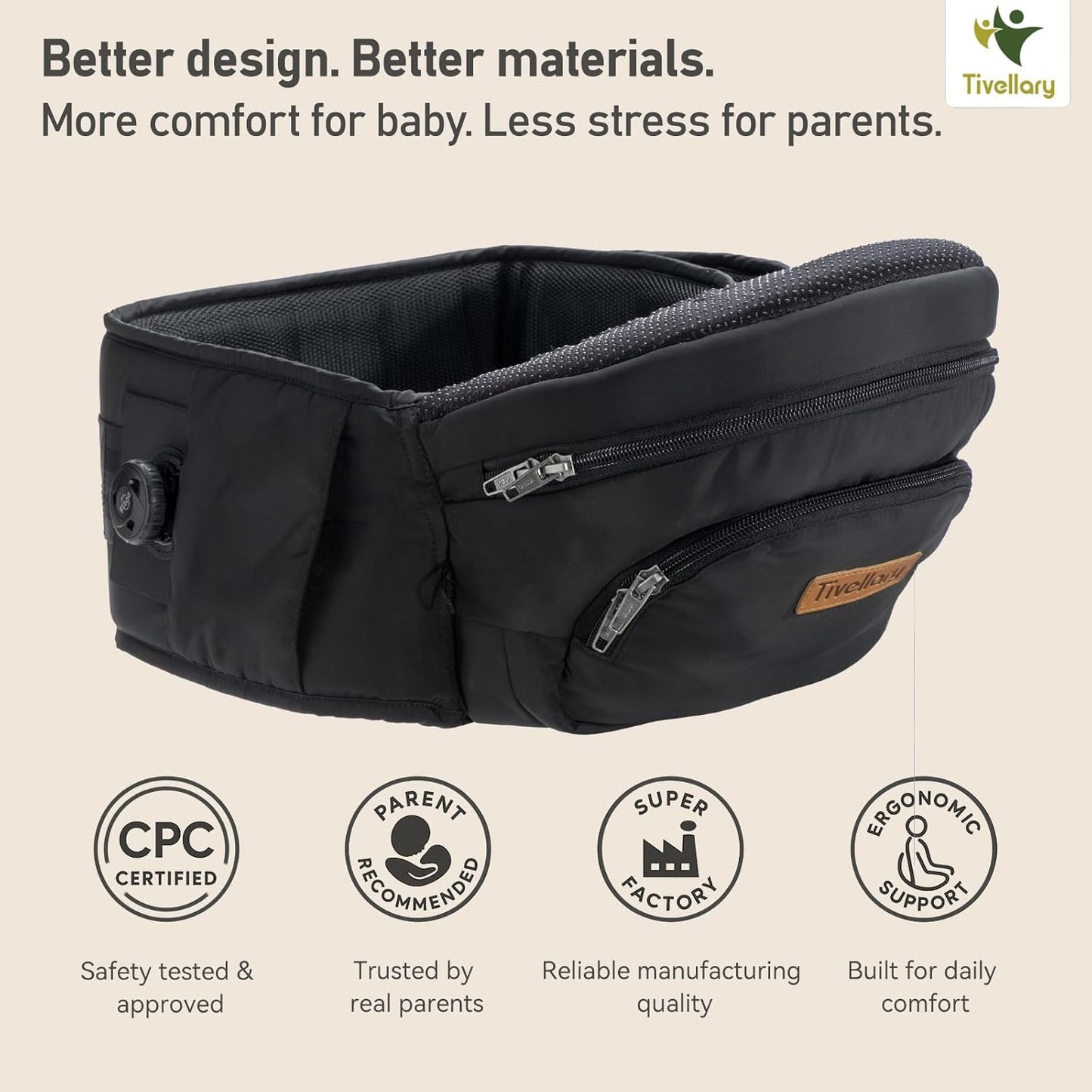 Baby Carrier with Hip Seat, Parent-Approved Baby Hip Carrier & Toddler Carrier, Comfortable Wide Waist & Lumbar Support, Thick Seat with Storage, Adjustable Knob, Supports 44lbs, Black