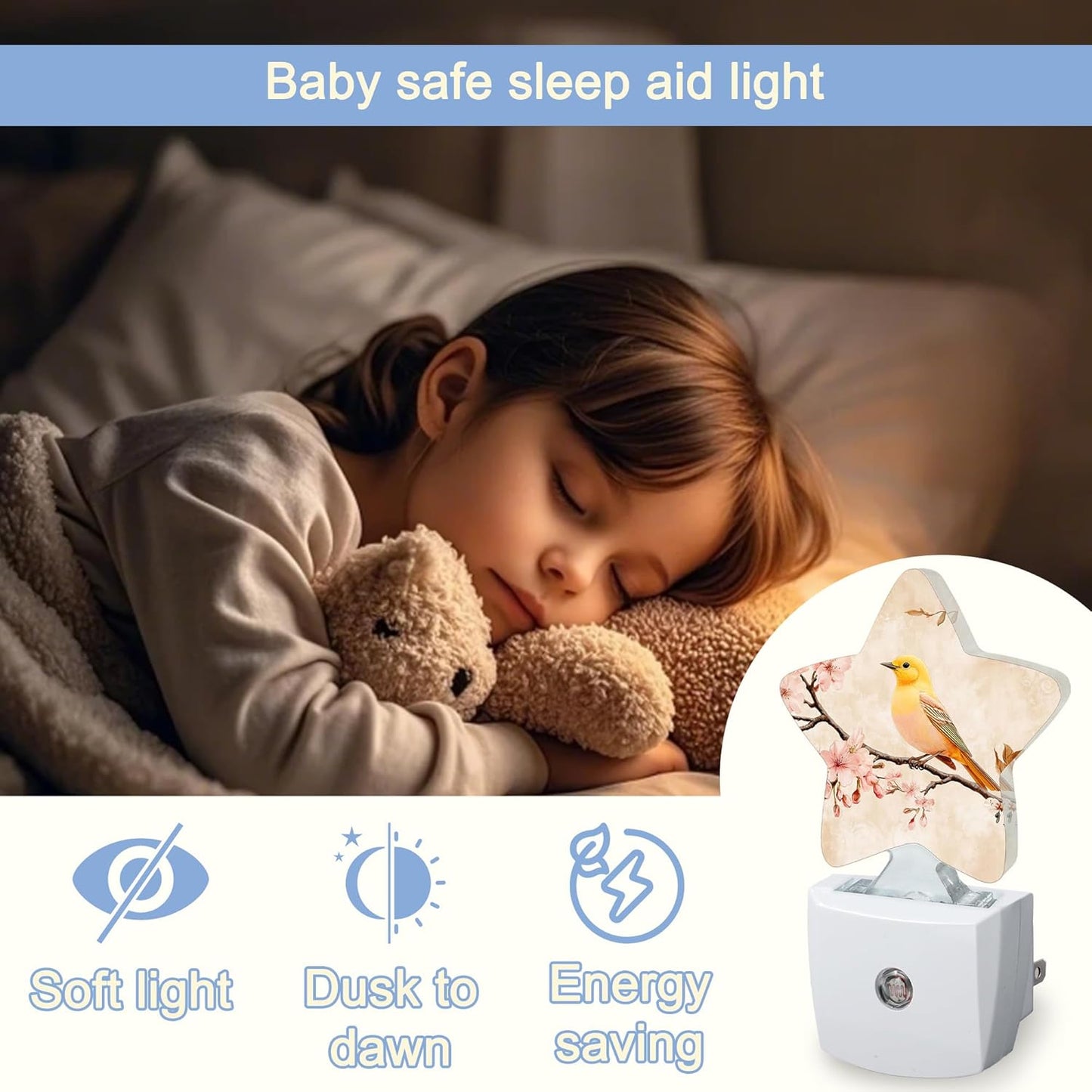 Bird Vintage Nightlight,Pink Cherry Blossoms Star Night Lights Plug into Wall Decorations for Bedroom Bathroom,Dusk to Dawn Sensor Kitchen Hallway Stairs Energy Efficient Desk Lamp