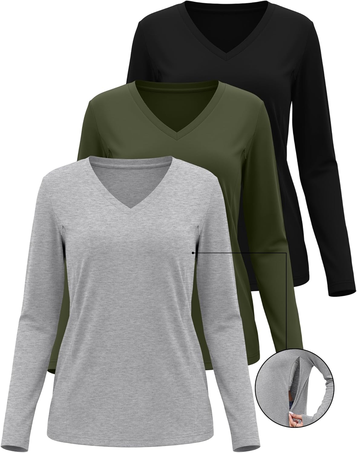 Huukeay 3 Pack Women's Long Sleeve Nursing Tops, Breastfeeding Hidden Zippers Shirts V Neck Maternity Pregnancy Tees Clothes