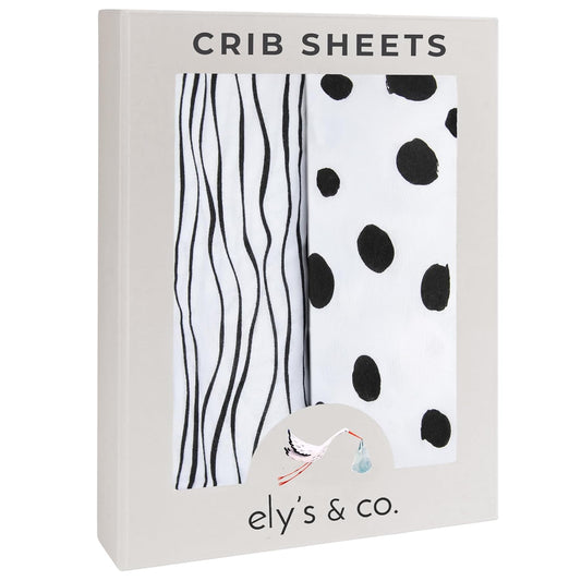 Crib Sheet Set | Toddler Sheet Set 2 Pack 100% Jersey Cotton Black and White Abstract Stripes and Dots