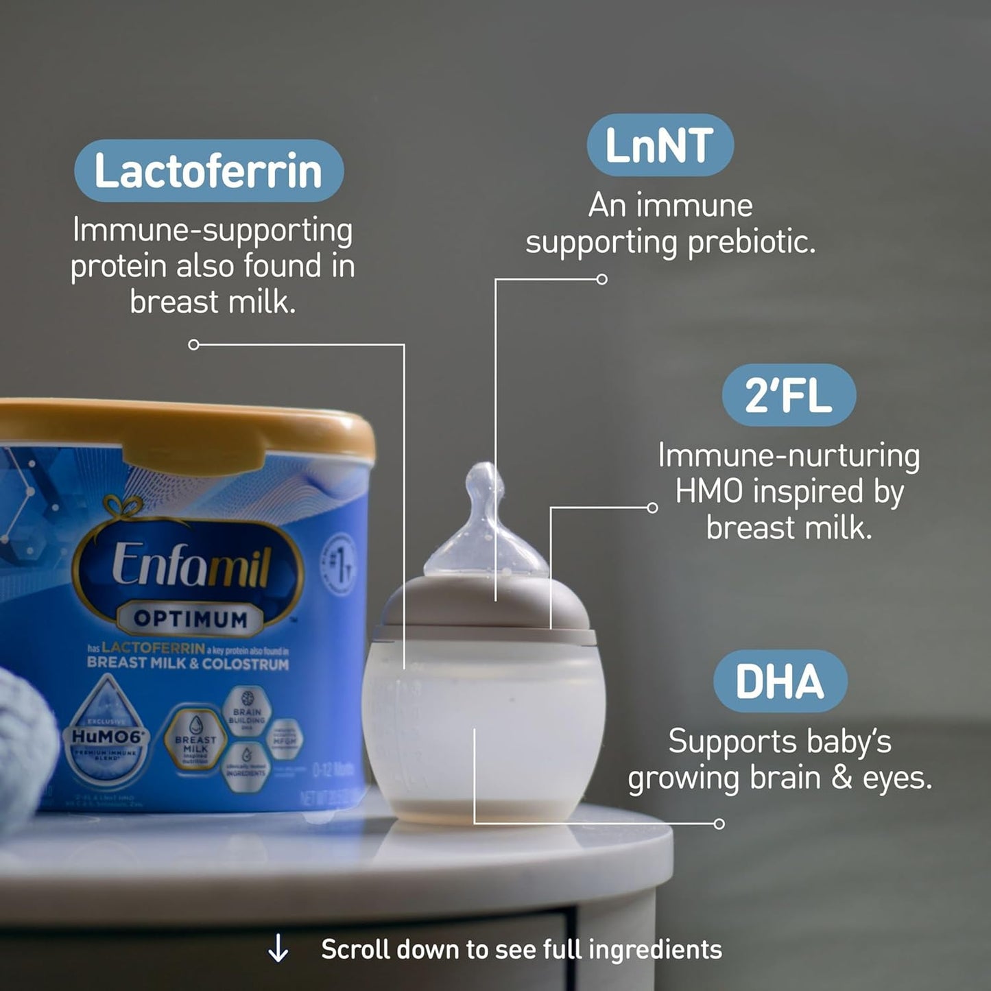 Enfamil Optimum (Enspire), Our Closest Formula to Breast Milk, Immune-Supporting Lactoferrin and Brain-Supporting DHA Baby Formula, Powder 20.5 Oz Tub