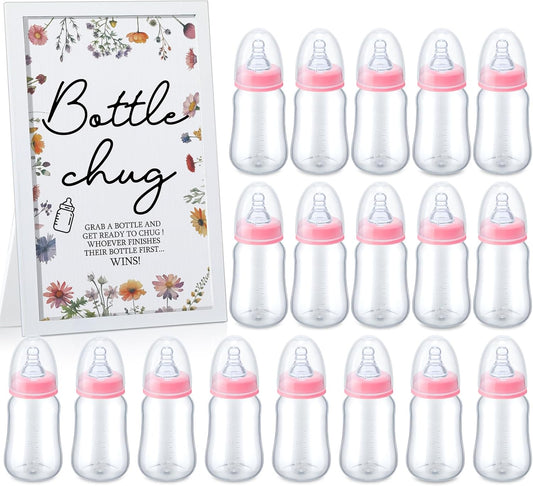 Roowest Bottle Chug Baby Shower Game Favors Including Wideflower Theme Wooden Sign and 18 Pcs Baby Bottles for Gender Reveal Party Supplies