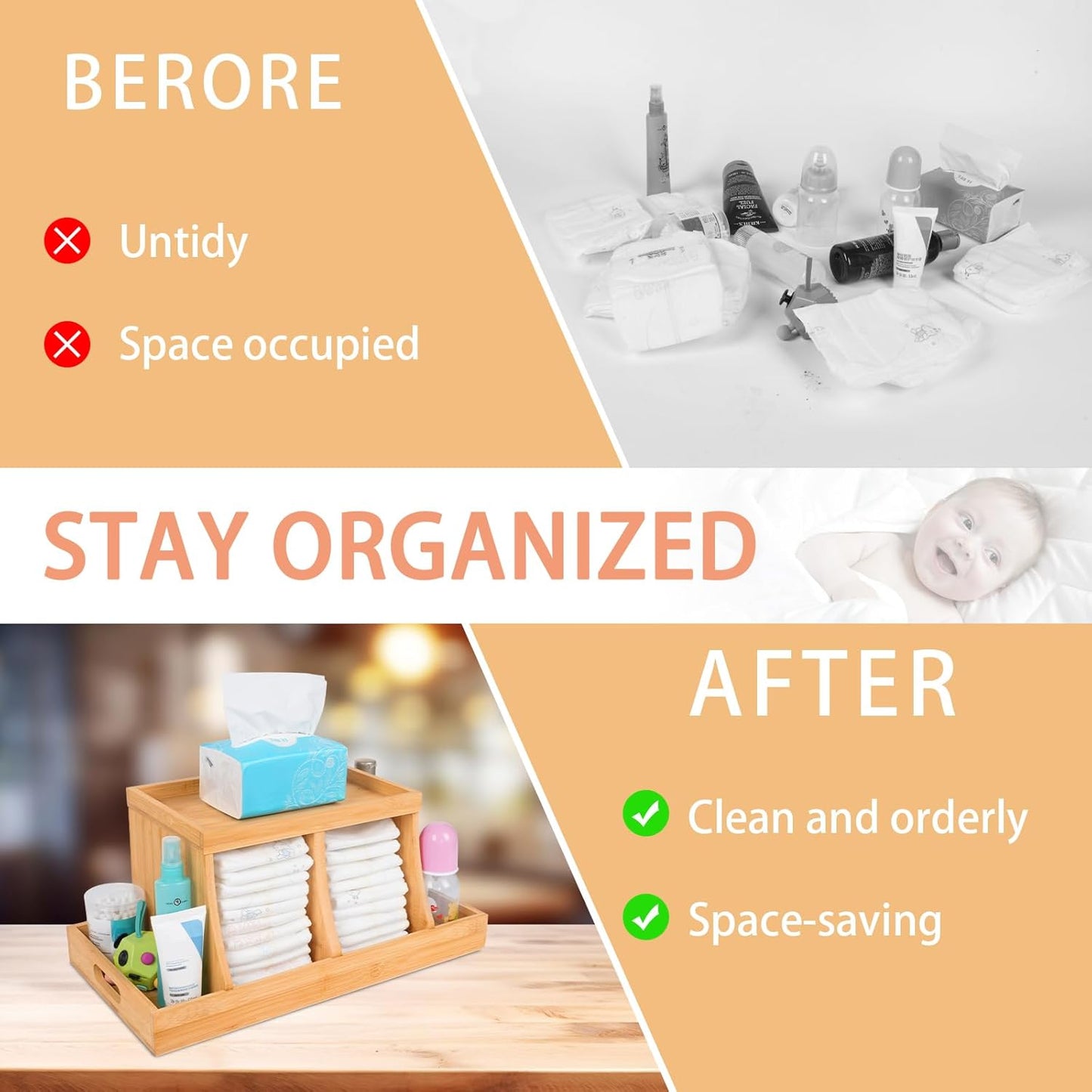 Three colors Bamboo Diaper Organizer, Wooden Diaper Caddy, Changing Table Organizer Storage Organizer, Nursery Baby Organization