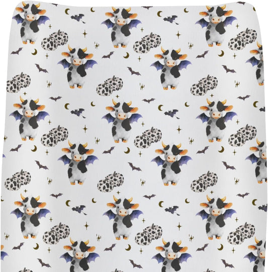 Halloween Cow Bats Pumpkins Baby Changing Pad Covers for Boy Girl Cute Cows Moon Stars Fitted Change Table Pad Covers Mats Spooky Farm Animal Soft Diaper Change Table Cover Sheets 32''×16''