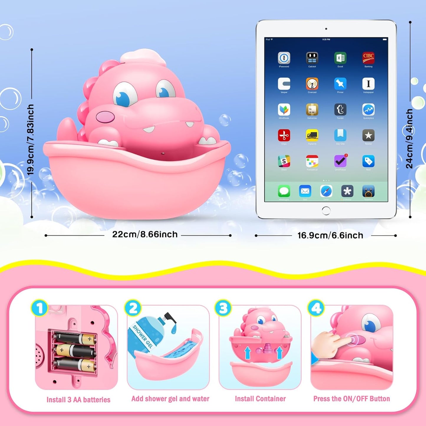 Dinosaur Baby Bath Toys Light Up Bath Bubble Machine with Colourful Light Bathtime Shower Bath Toys for Kids Ages 1-3 4-8 Birthday Gift Easter Basket Stuffers for Toddler Boys Girls