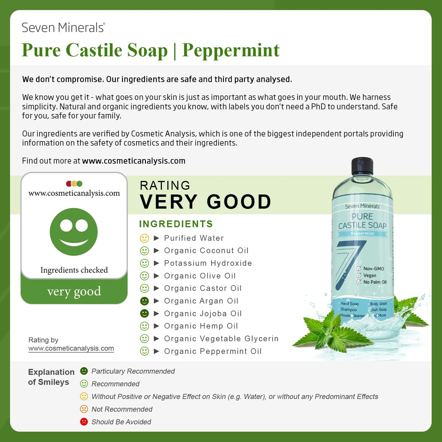 Pure Castile Soap, Peppermint - No Palm Oil, GMO-Free - Gentle Liquid Soap For Sensitive Skin & Baby Wash - All Natural Vegan Formula with Organic Carrier Oils (33.8 fl oz)