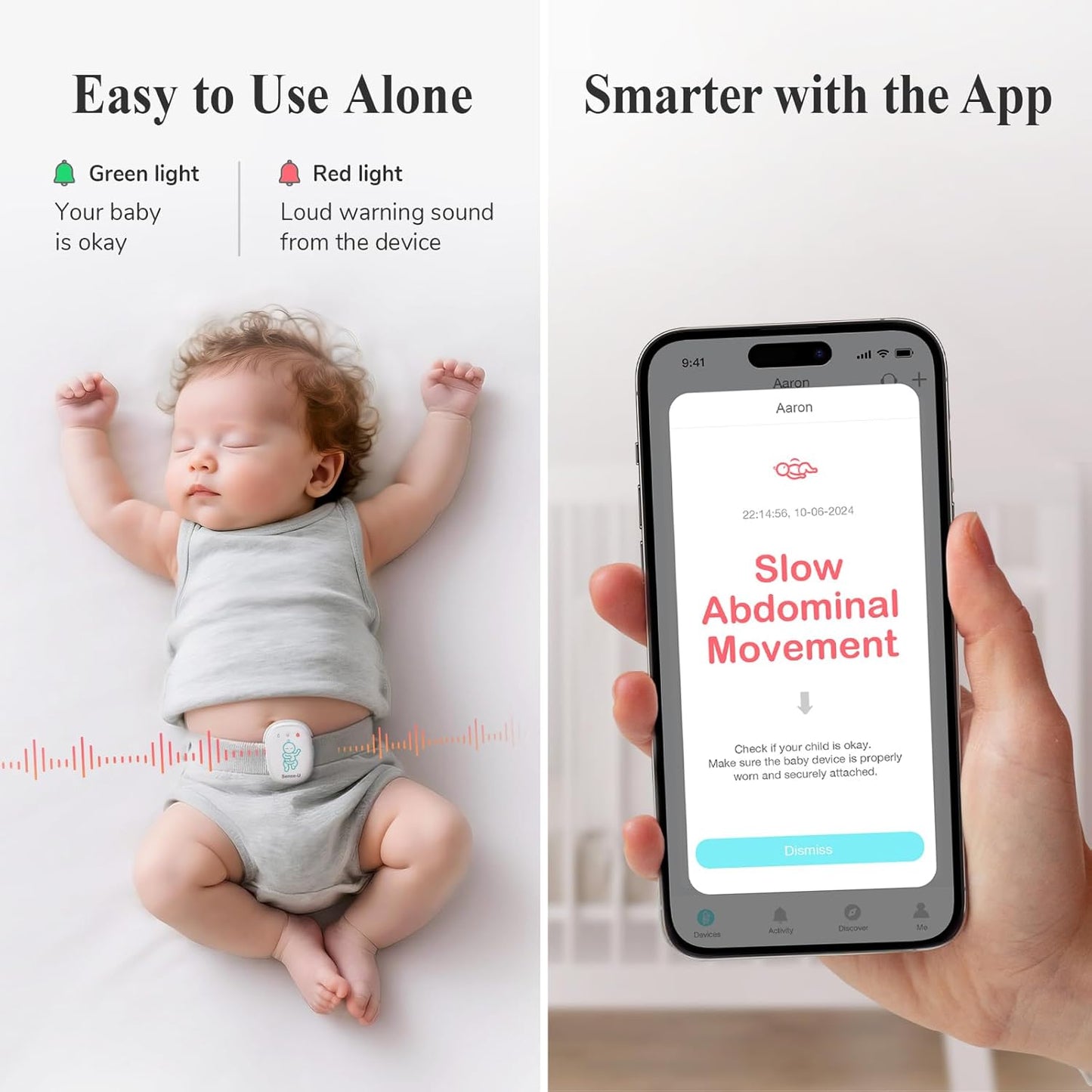 Sense-U Pro Baby Monitor – Breathing Movement, Rollover & Overheating Trackers for Better Sleep, Simple Clip-On Smart Sleep Monitor with Arousal Vibration, Audible Alerts & Sleep Analysis