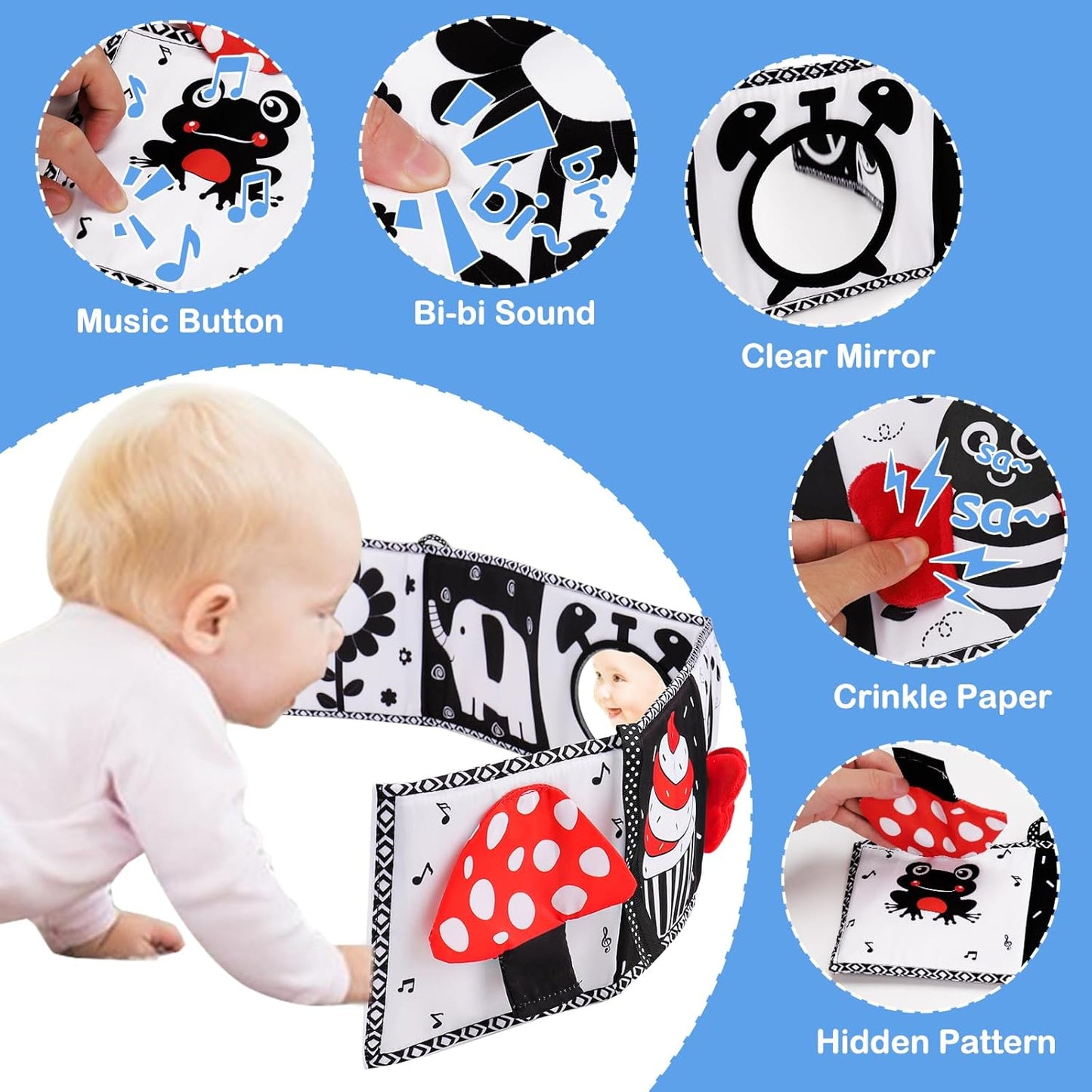 Black and White High Contrast Toys for Baby 0-3 3-6 months Infant Tummy Time Soft Book Sensory Musical Toy 0-2-4-6 month Babies Brain Development Montessori Crinkle Book Mirror Newborn Shower Gifts