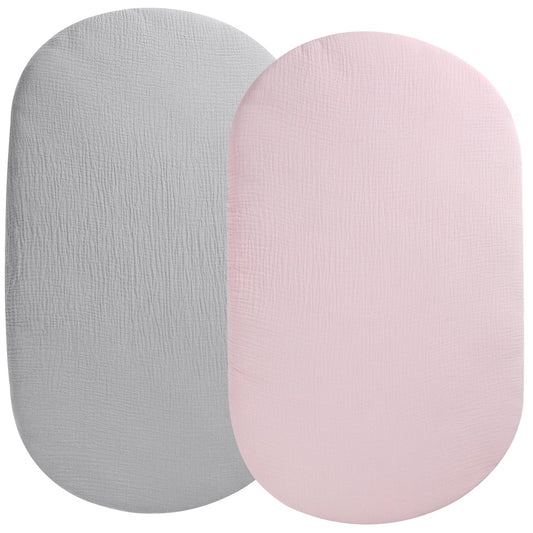 Muslin Bassinet Sheet Compatible with UPPAbaby Bassinet, 2 Pack Cotton Stylish Boho Fitted Bassinet Sheets for Baby Grey & Pink
