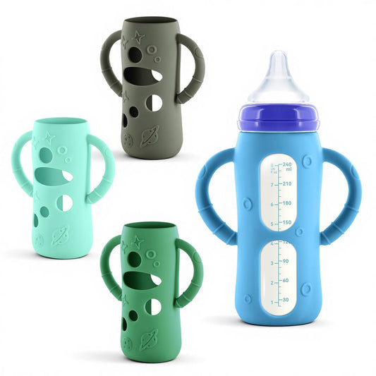 4-Pack Silicone Sleeves for Lansinoh Glass Bottles 8 oz- Starry Sky Design Baby Bottle Holder with Handles,Protectors for Lansinoh Natural Wave Glass Bottles, Anti-Scald Feeding Supplies