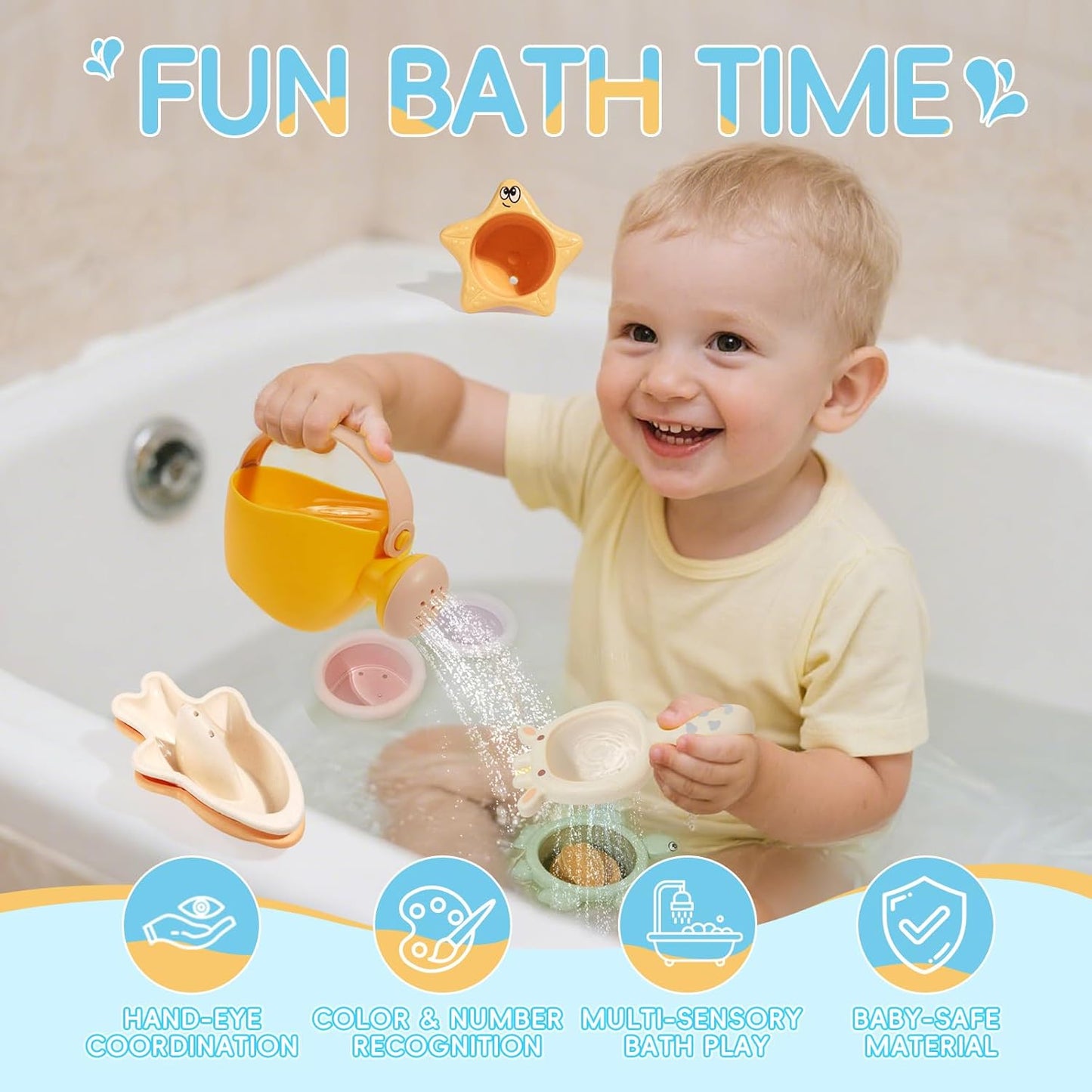 Bath Toys for Kids Ages 1-3, 16PCS | Easy-Clean & Mold Free Bath Toys for Babies with Stacking Cups | Watering Can, Bath Boats & Spoon with Storage Bag, Bathtub Water Sand Pool Toys for Toddler Gifts