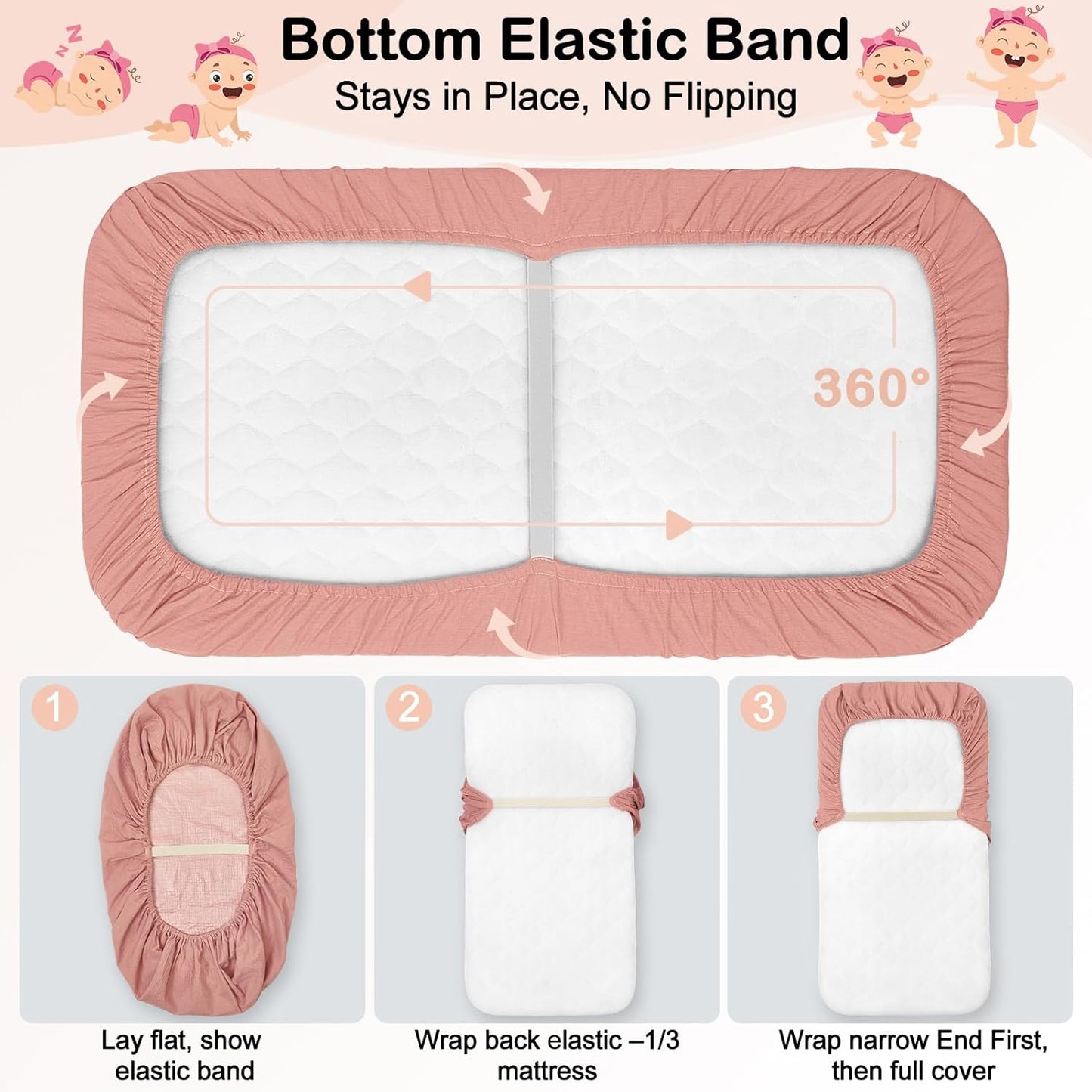 Baby Bassinet Sheets TPU Waterproof 2 Pack Soft Muslin Bedside Bassinet Mattress Sheets with Bottom Elastic Band for Baby Boy Girls Unisex Fit Hourglass Oval and Rectangle, Pink Beige