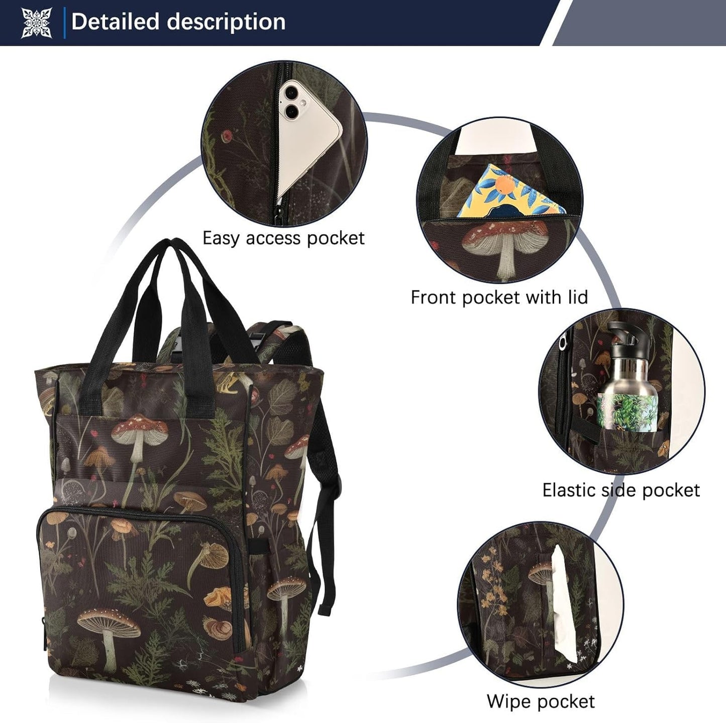Diaper Bag Backpack Retro Mushroom Forest Travel Diaper Bags for Women, 10L Functional Baby Changing Bag with Insulted Pockets, Stroller Straps