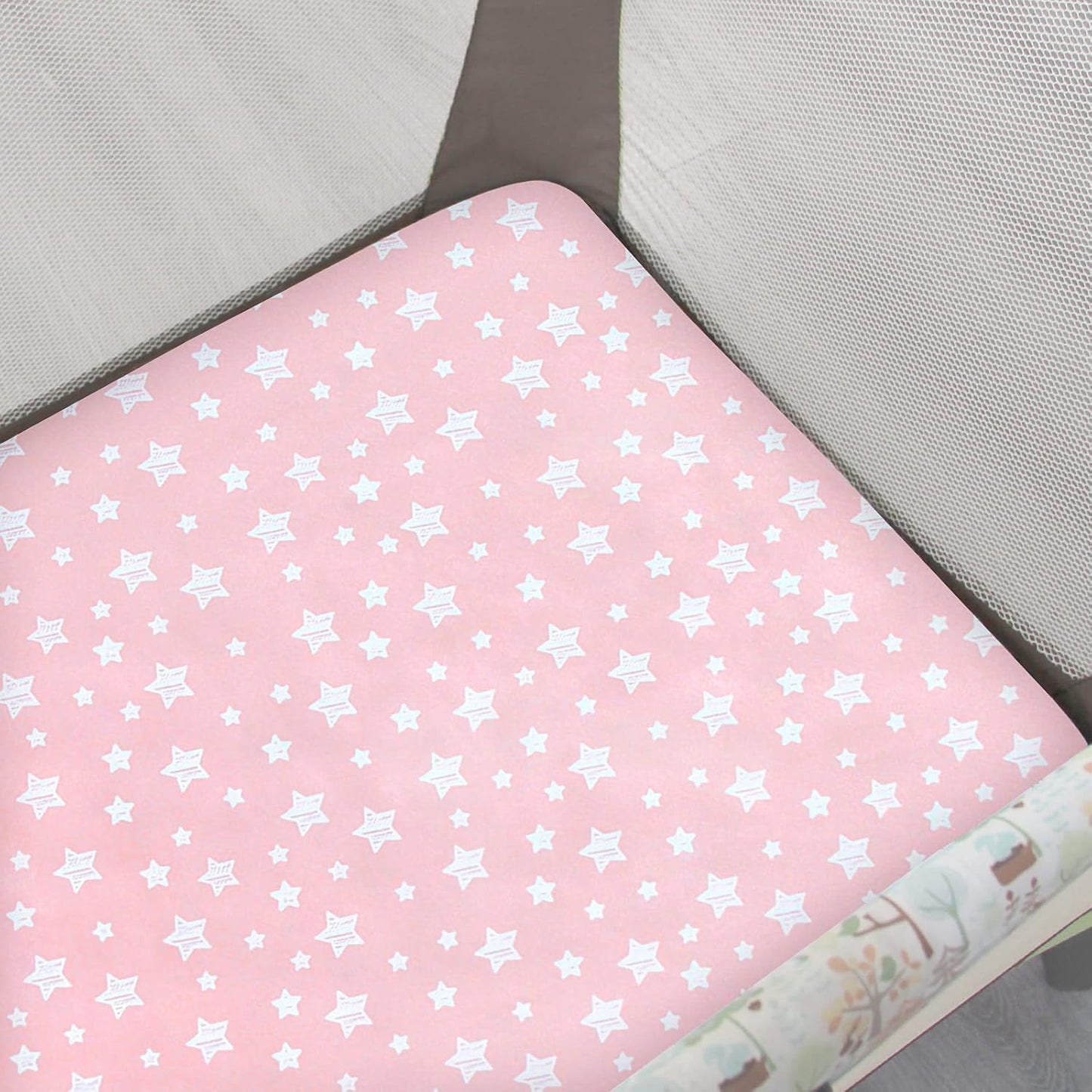 Pack and Play Sheets Girl, Mini Crib Sheets, Stretchy Pack n Play Playard Fitted Sheet, Compatible with Graco Pack n Play, Soft and Breathable Material, Grey & Pink