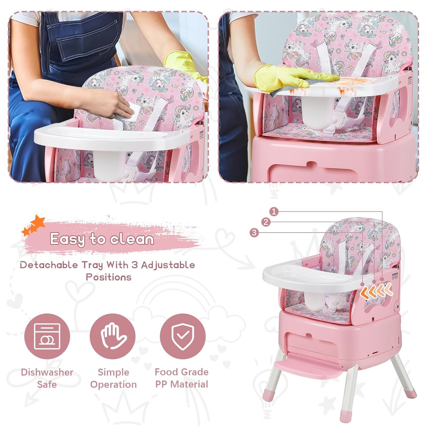 4 in 1 Portable Baby High Chair,Convertible Highchair for Babies & Toddlers-Foldable Infant Booster Seat,Carry Small Box,Dining Chair,Toddler High Chair with 5-Point Harness,Removable Tray-Pink