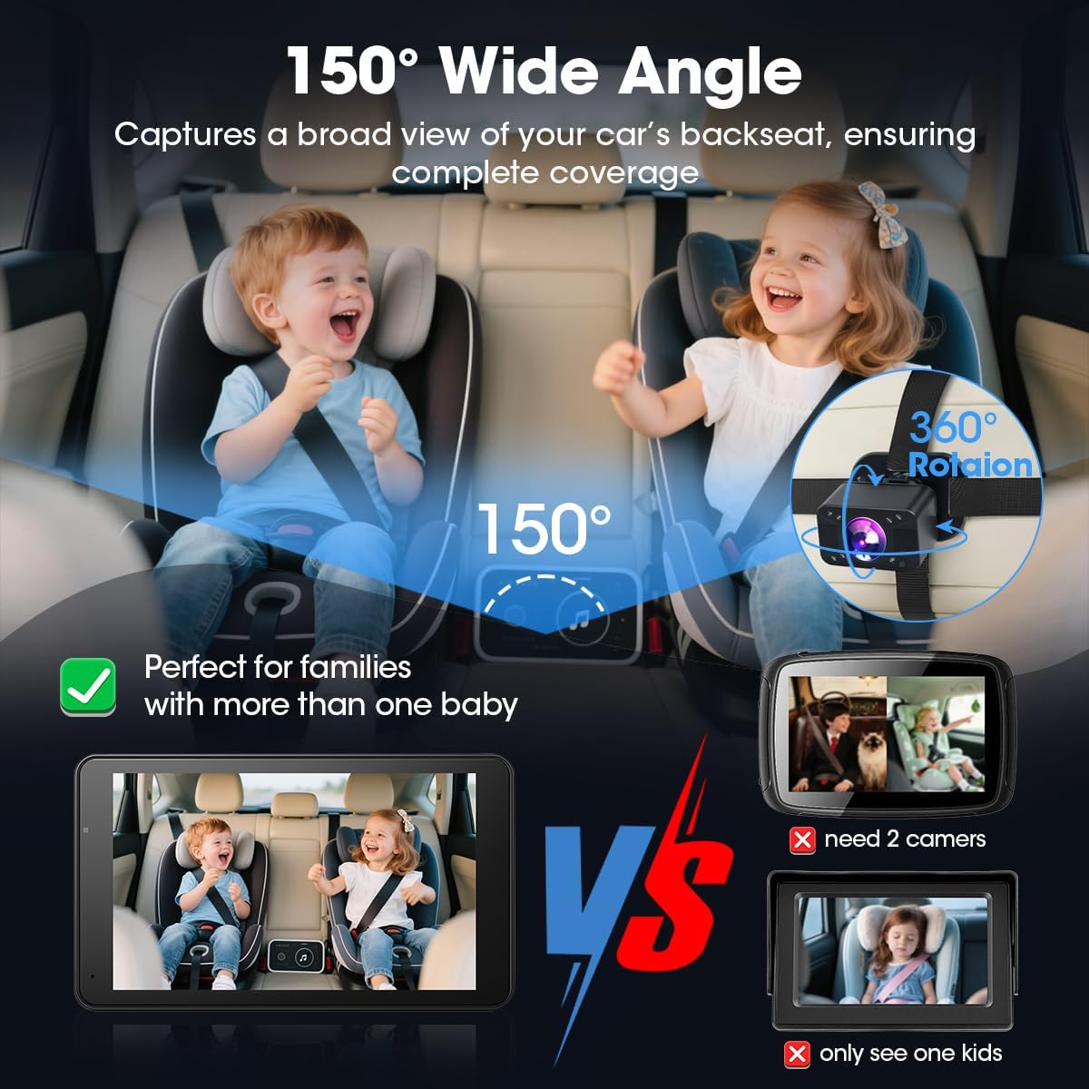 Baby Car Camera 7" AHD Car Baby Monitor with with Apple CarPlay & Android Auto 1080P Car Camera for Baby with Ultra Night Vision 150° Wide Angle, Invisible Infrared Lights【Limited-Time】