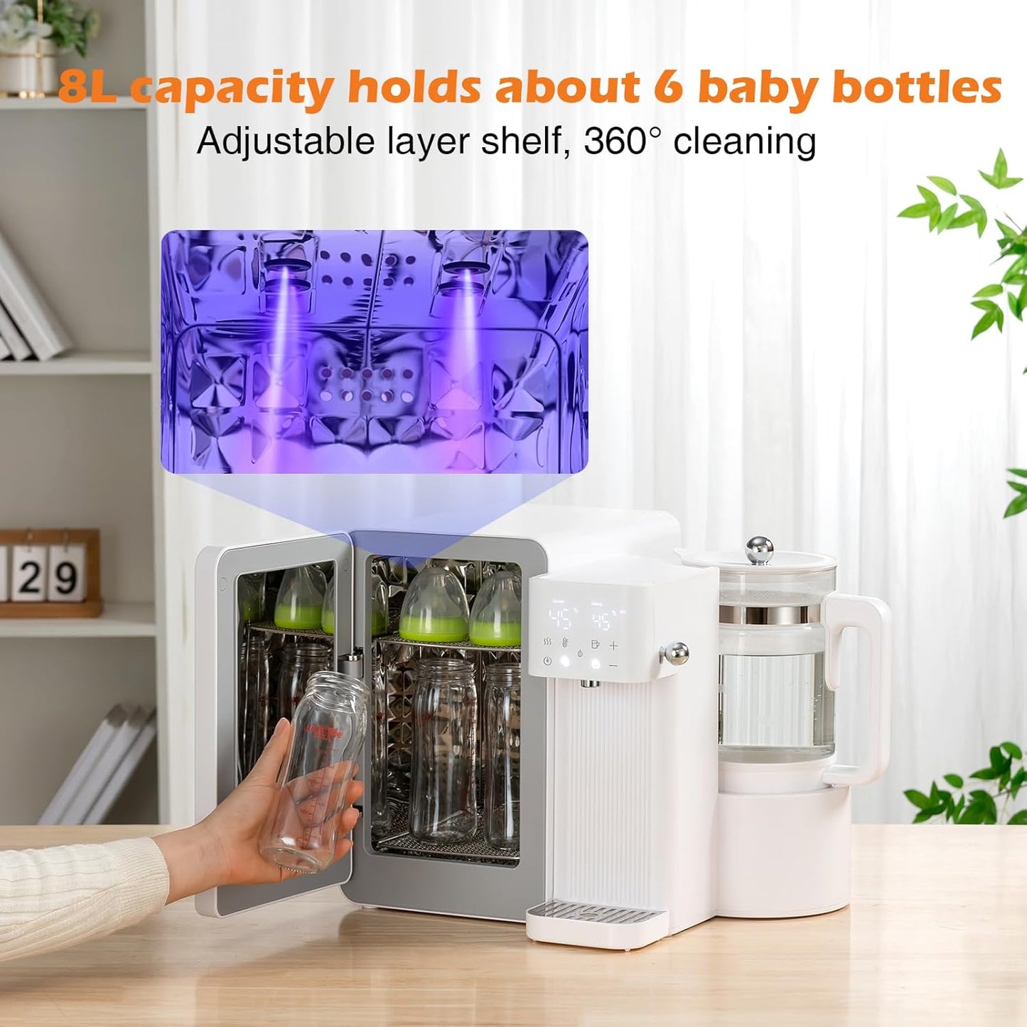 UV Sanitizer and Dryer 6-in- 1 Sanitizing Machine for Baby Bottles ，1.5L Formula Maker with Night Light 4 Temperature Control 24H Keep Warm 72H Storage