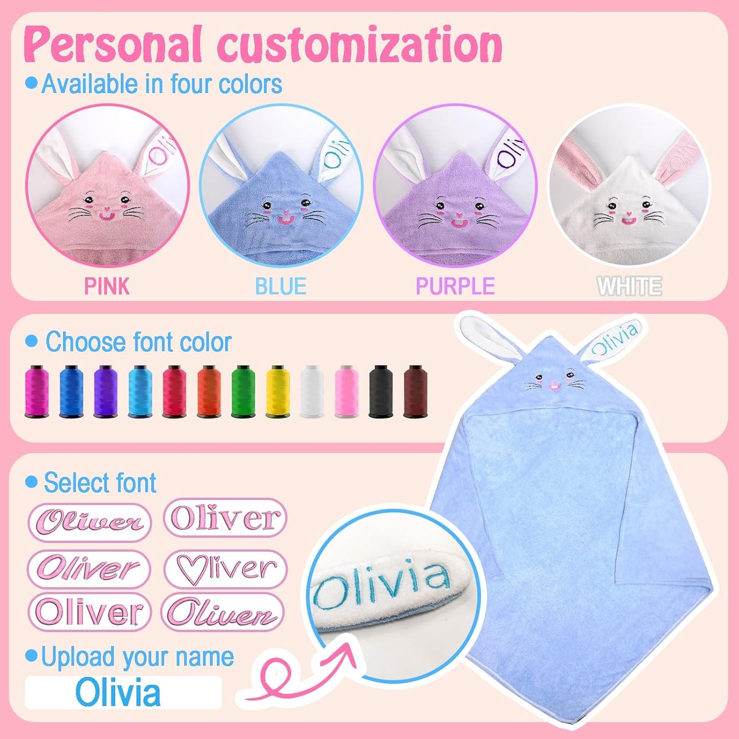 Custom Hooded Bath Towel with Name, Personalized Highly Absorbent Bunny Towels, Baby Bath Towels for Girls Boys, Easter Brithday Shower Gifts for Baby, Toddler, Newborn (Purple)