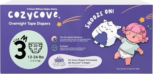 Cozycove Size 3 Diapers, Snooze On Slim Overnight Tape Diapers, Size 3 (13-24 lbs), 80 Count (4 Packs of 20)