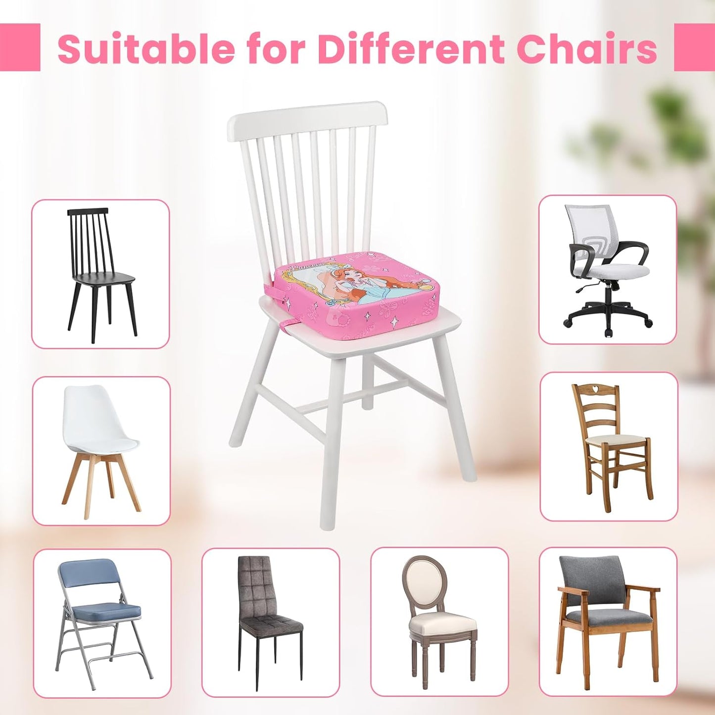 Toddler Booster Seat for Dining Table, Kids Booster Seat for Kitchen Chair with Non-Slip Bottom, Portable Detachable Washable Increasing Cushion with 2 Adjustable Straps (Princess)