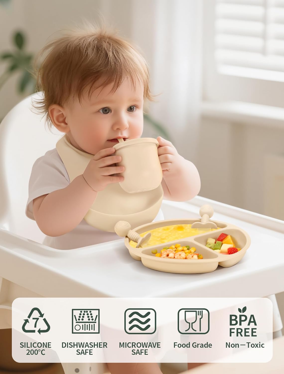 Silicone Baby Feeding Set 9 Pcs, Spill-Proof Suction Plate, Bowl, Bib, Silicone spoon&forks, Wooden Spoons&forks, Training cup with straw and Sippy Cup, Baby Eating Utensils (Blue)