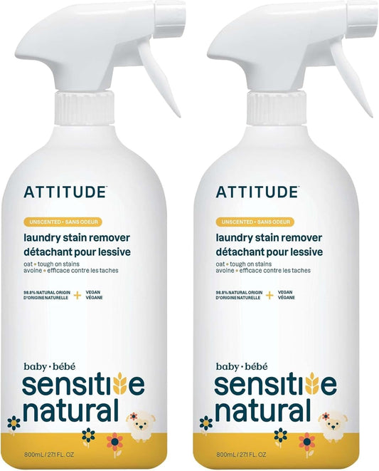 ATTITUDE Fabric Stain Remover for Baby Clothes, Plant- and Mineral-Based Ingredients, Vegan and Cruelty-free Laundry Products for Sensitive Skin, Unscented, 27 Fl Oz (Pack of 2)