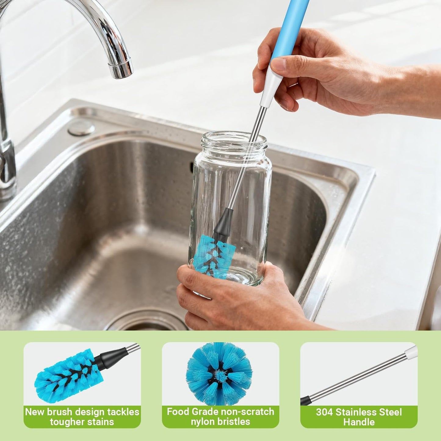 3-in-1 Bottle Brush, 15 Inches Long Handle Kitchen Water Bottle Brush, Stainless Steel Bottle Cleaner Brush with Straw Brush & Lid Brushe for Cleaning Wine Glasses,Coffee Mugs,Tumblers,Wine Decanters