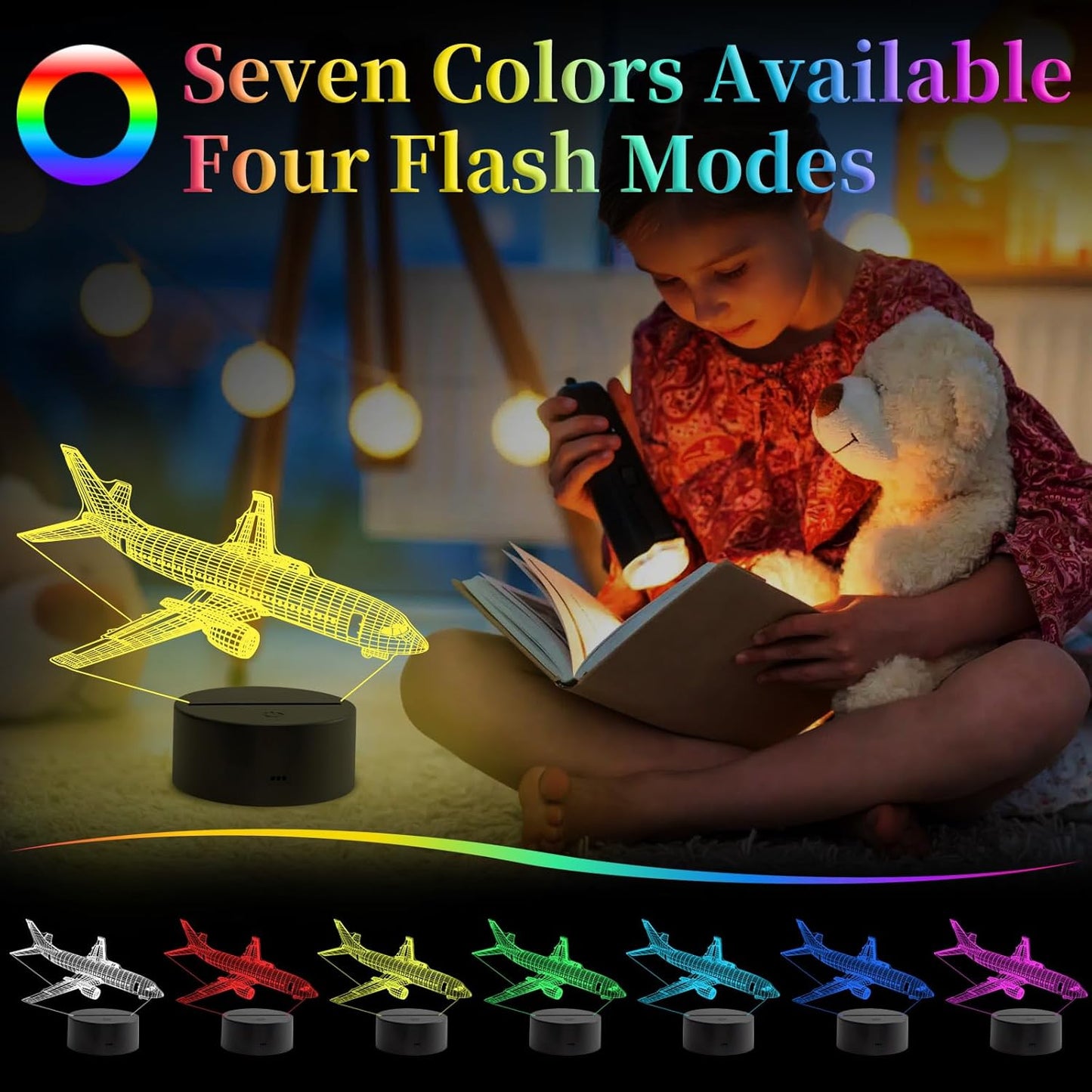 Airplane Night Light, 3D LED Illusion Night Lamp for Boys - Aircraft Themed Bedroom Lamps, Optical Illusion Lamp with Remote Control, Perfect for Kids' Room Décor, Cool Gifts for Airplane Lovers