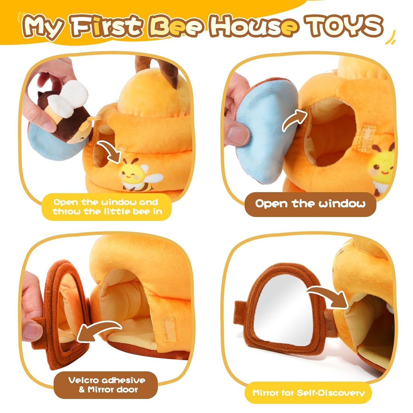 Koty Baby Toys 6-12 Months,Bee House Sensory Learning Toy, Beehive wtih wtih rattles, Squeaker, Mirror,5pcs Yellow Plush Bees, Educational Montessori Toy for Infants 6-12 Months