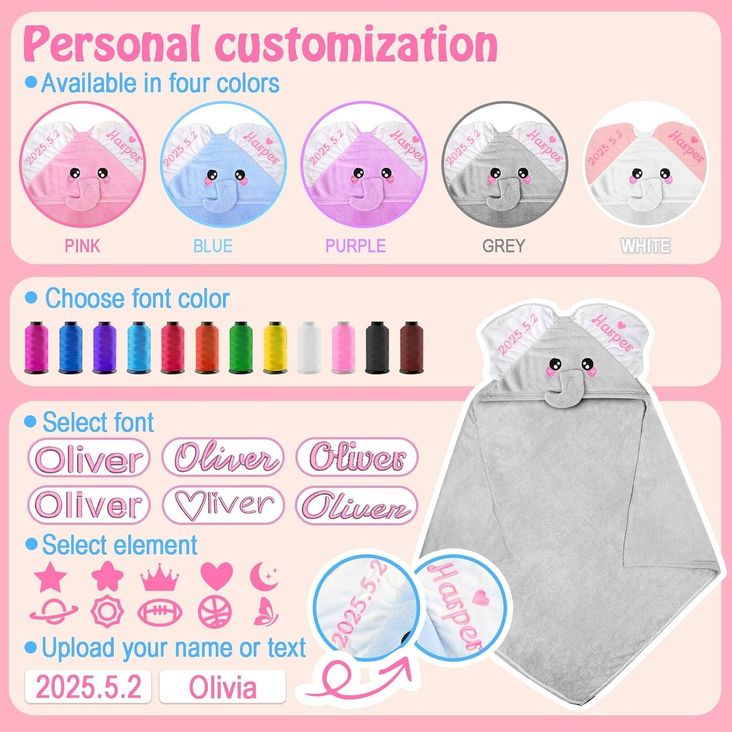 Custom Hooded Baby Towel with Name, Personalized Soft Absorbent Elephant Bath Towel, Shower Towels for Girls Boys, Easter Brithday for Kids Baby, Toddler, Newborn Essential