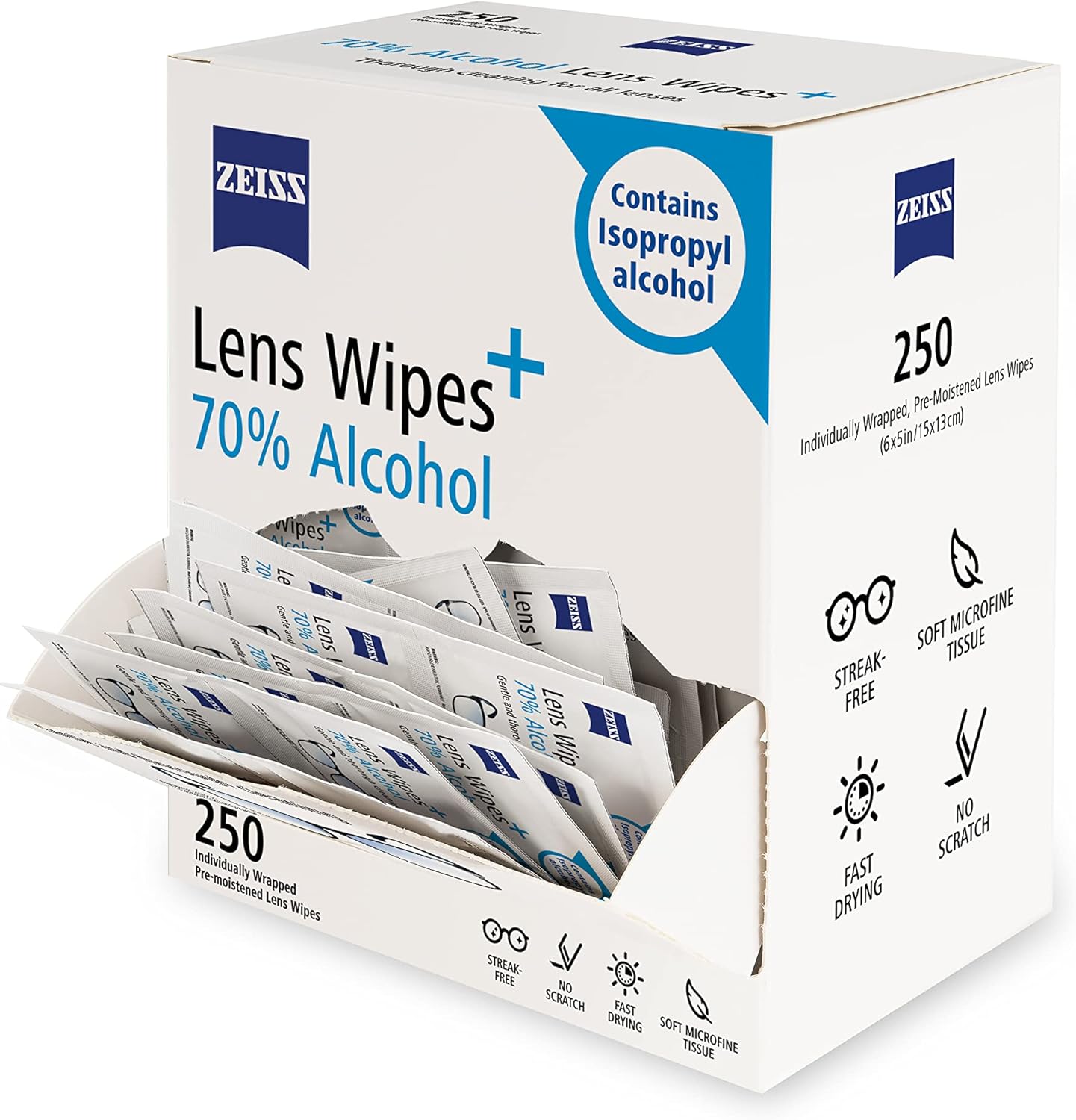 ZEISS Pre-Moistened Lens Cleaning Wipes with 70% Alcohol, 250 Count