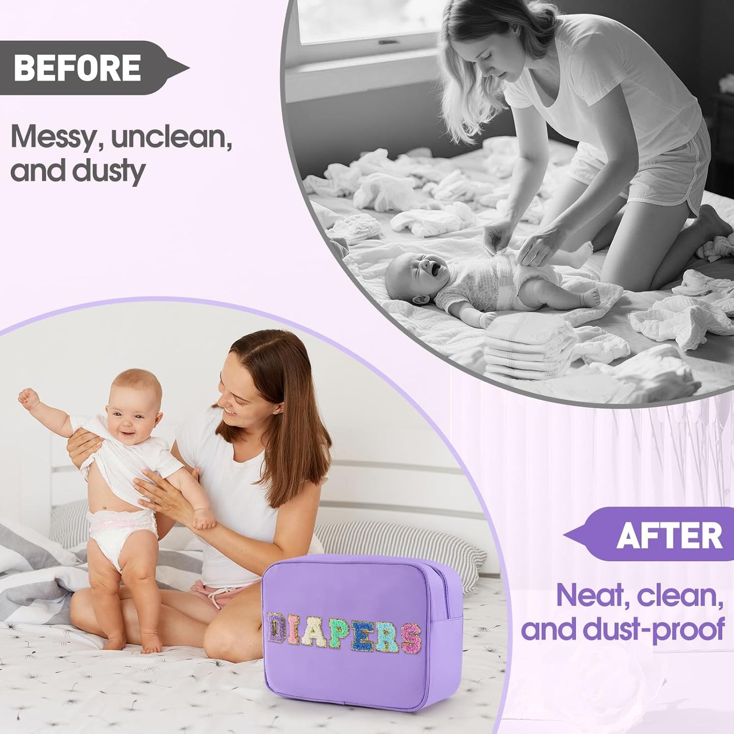 Portable Small Diaper Bag, Chenille Letter Diaper Caddy Organizer Pouch Newborn Baby Essentials Must Haves for Nursery Changing Table, Purple Waterproof Diaper Pail Baby Shower Gifts for Mom To Be