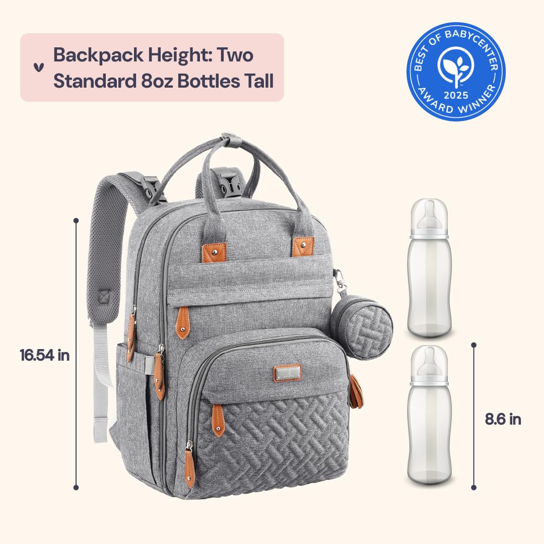 BabbleRoo Diaper Bag Backpack - Baby Essentials Travel Tote - Multi Function Water Resistant Diaper Bag, Travel Essentials Baby Bag with Changing Pad, Stroller Straps & Pacifier Case - Light Gray