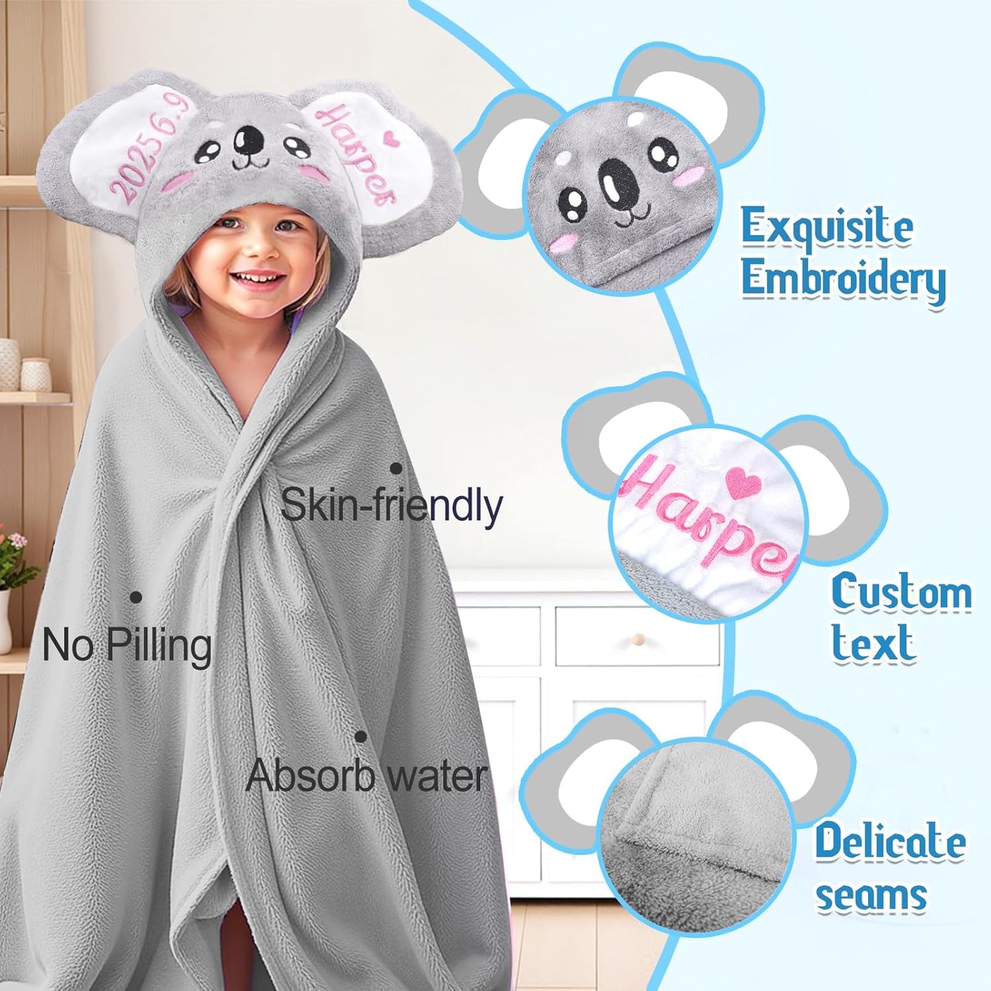 Custom Hooded Baby Towel with Name, Soft and Absorbent Customized Koala Toddler Towels, Baby Bath Towel for Boys and Girls, Easter Birthday Towel for Kids，Babies, Toddlers, Newborns Essential