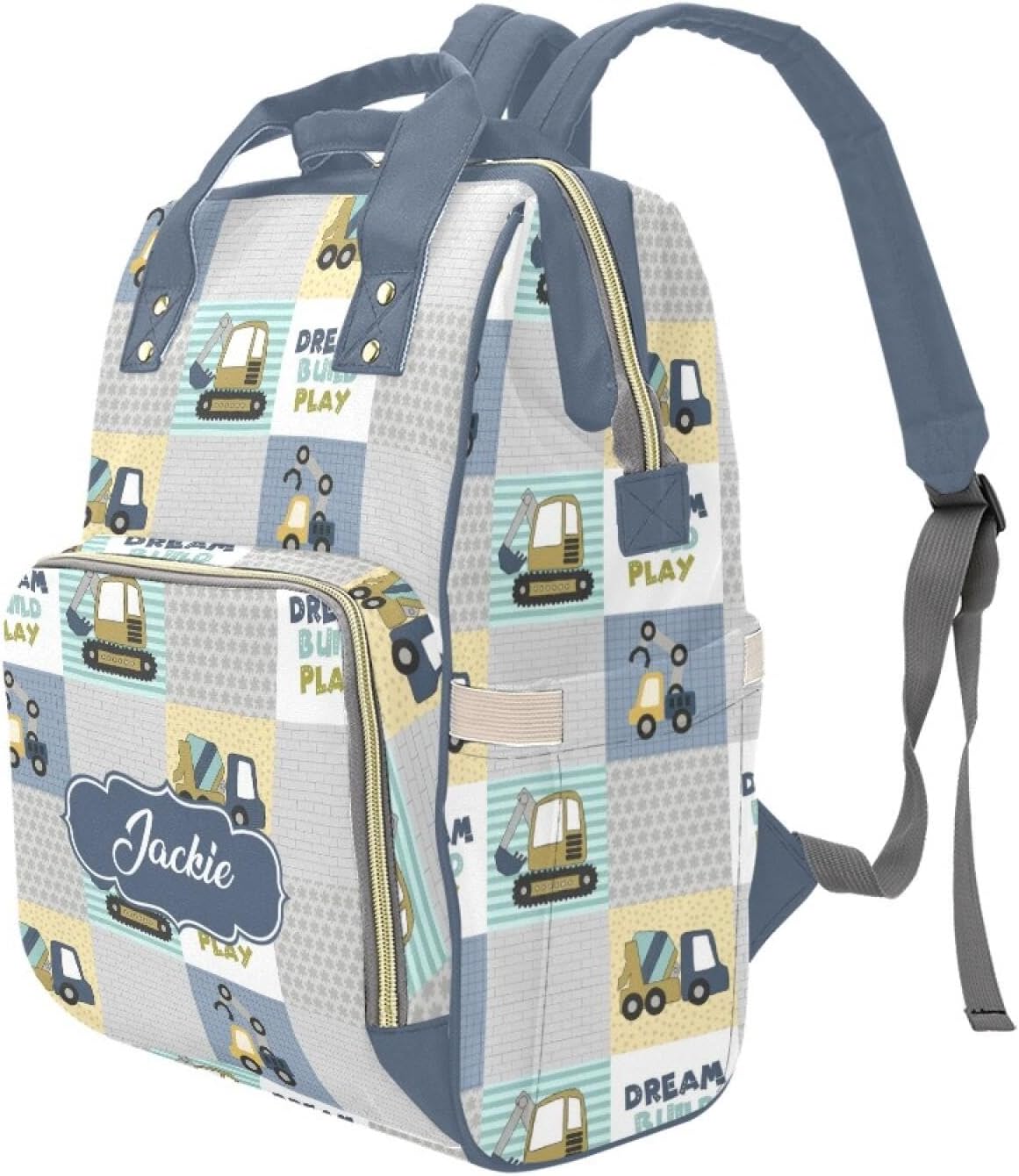 Custom Construction Baby Diaper Bag with Name – Personalized Nursing Travel Tote Backpack for Mom or Dad, Custom Name Baby Daypack Gift