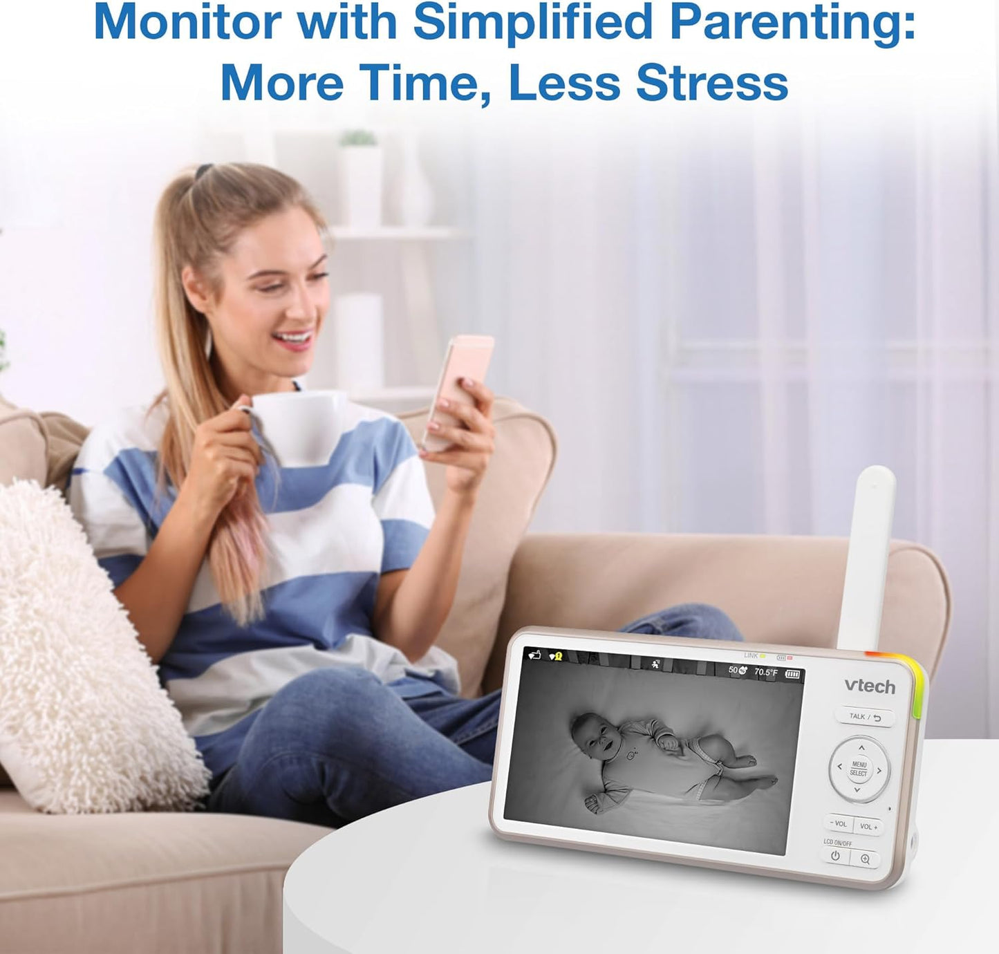 VTech V-Care VC2105 1080p FHD Over-The Crib Mount Smart Baby Monitor 5” 720p LCD Screen,Table Stand,Remote Access,Versatile Placement,Intelligence Detection, Sleep Analysis,18hrs Recording,with WiFi