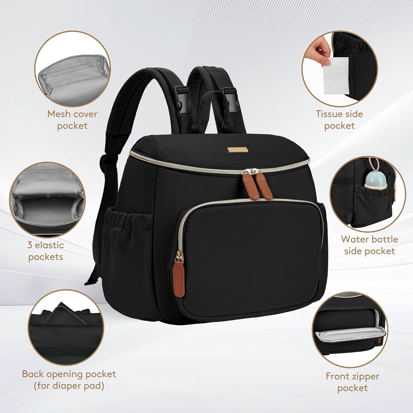 Compact Diaper Bag Backpack – Lightweight & Waterproof Baby Bag for Moms & Dads, Includes Changing Pad & Stroller Straps, Small Travel Diaper Backpack for Daily Use – Black