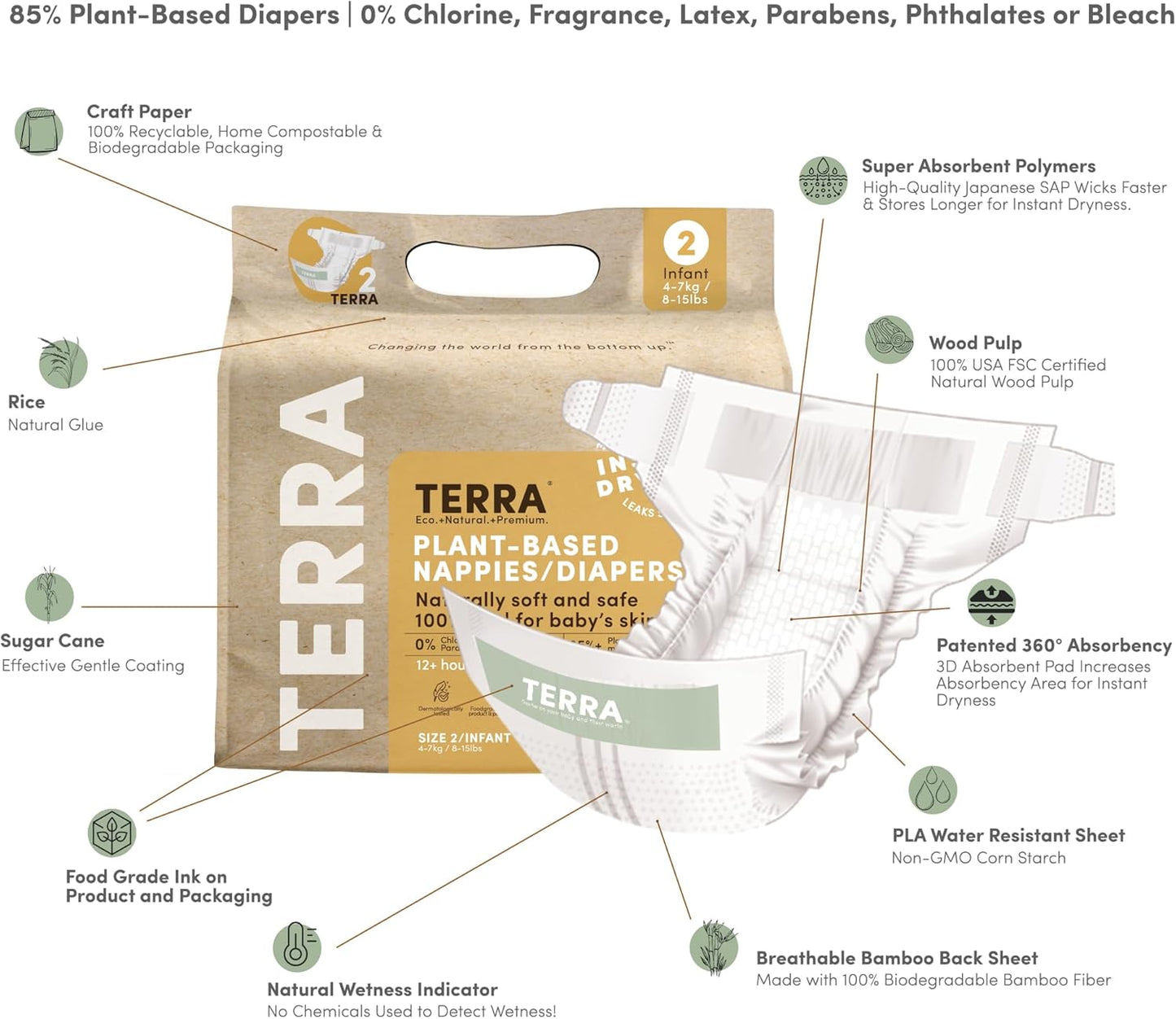 Terra Size 2 Diapers: 85% Plant-Based Diapers, Ultra-Soft & Chemical-Free for Sensitive Skin, 8-15 Pounds, 22 Count (Pack of 8)