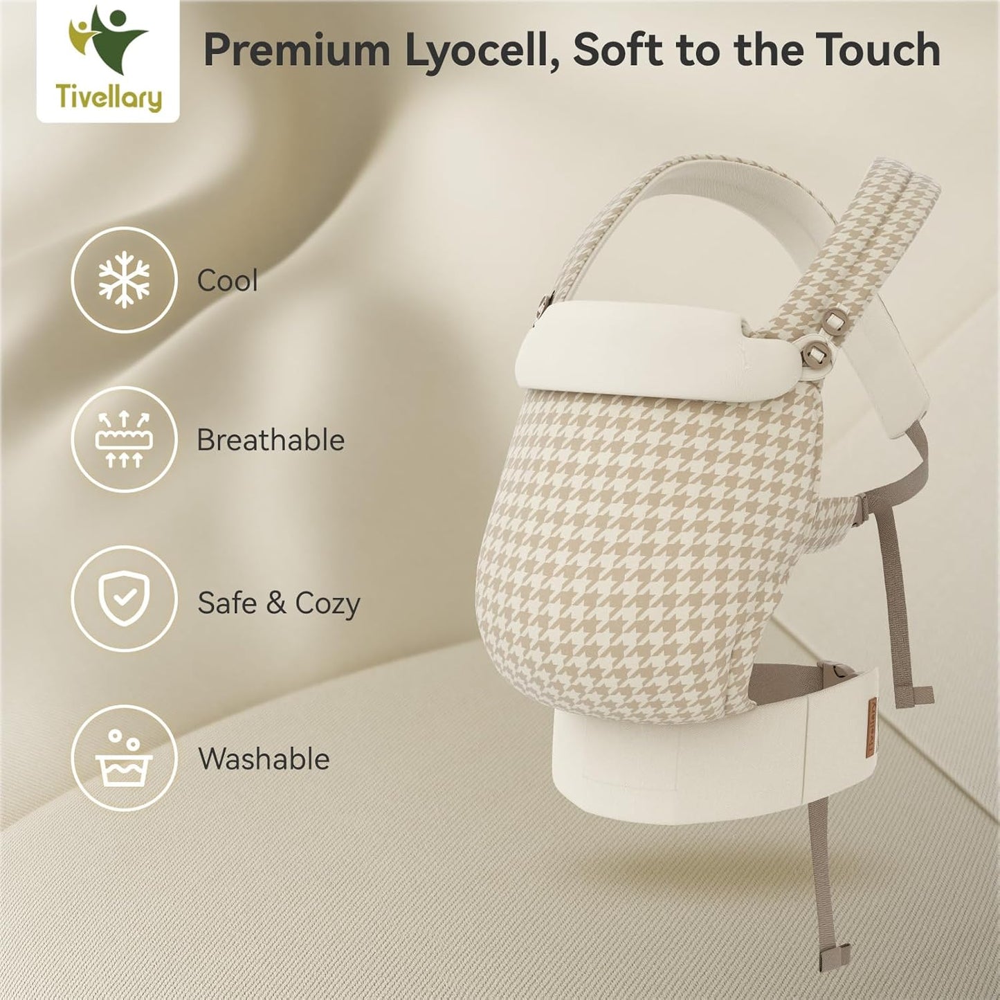 Reversible Baby Carrier, Khaki Solid & Houndstooth; Lightweight & Breathable Lyocell Fabric; Ergonomic Lumbar Support and Quick Hands-Free Wear for Newborn to Toddler (7–44 lbs)
