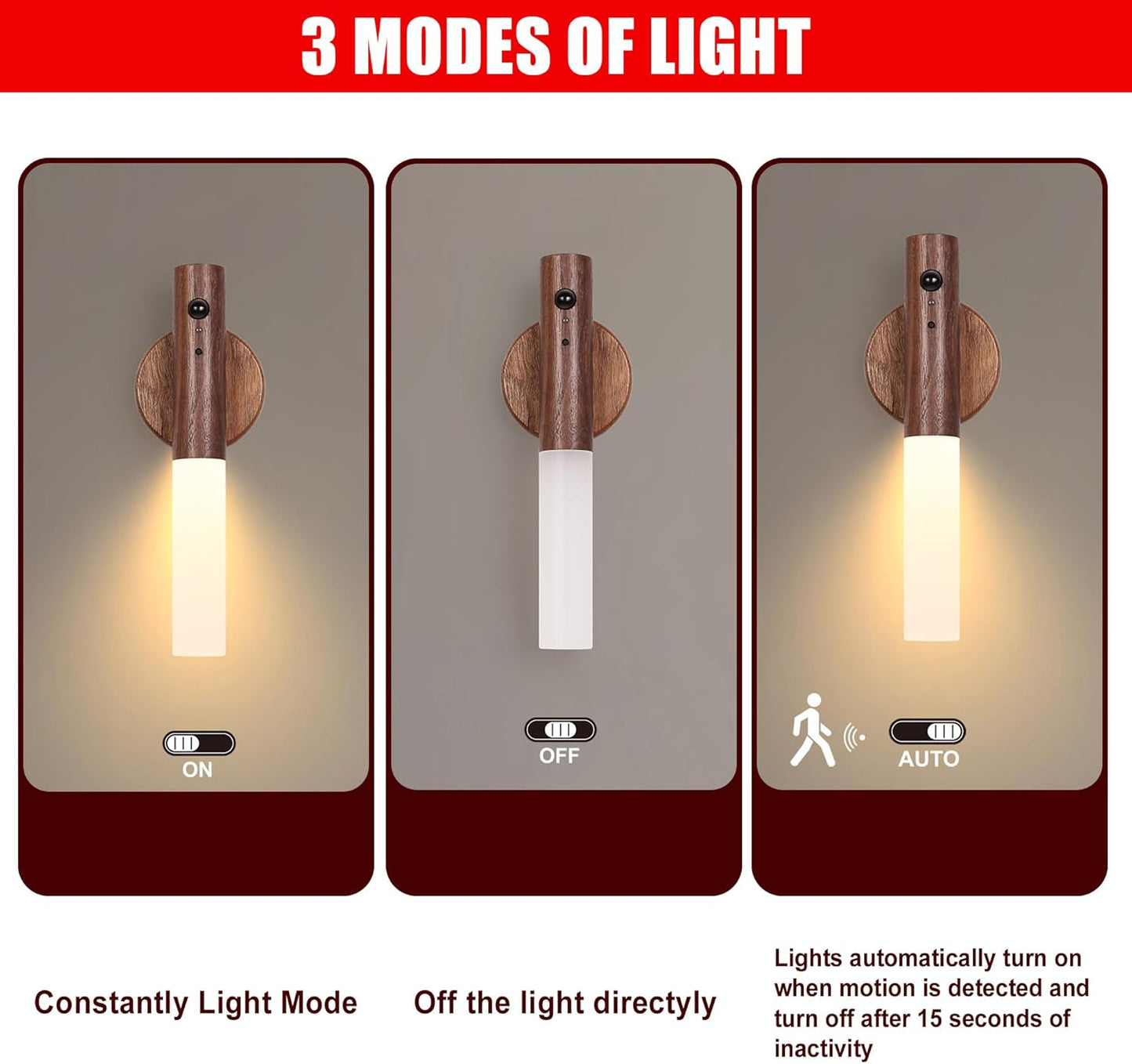 LANDGOO Rechargeable Wooden Night Light for Nursery, Motion-Activated RGB LED Baby Light for Breastfeeding, Toddler Kids Bedroom Décor