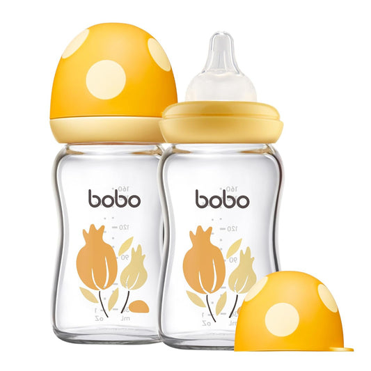 YOHKOH Natural Glass Baby Bottle with Natural Response Nipple, Newborn Anti-Colic Baby Bottles, Wide Neck Mushroom Cap Baby Bottle, Clear (Yellow, (5.4oz (Pack of 2))