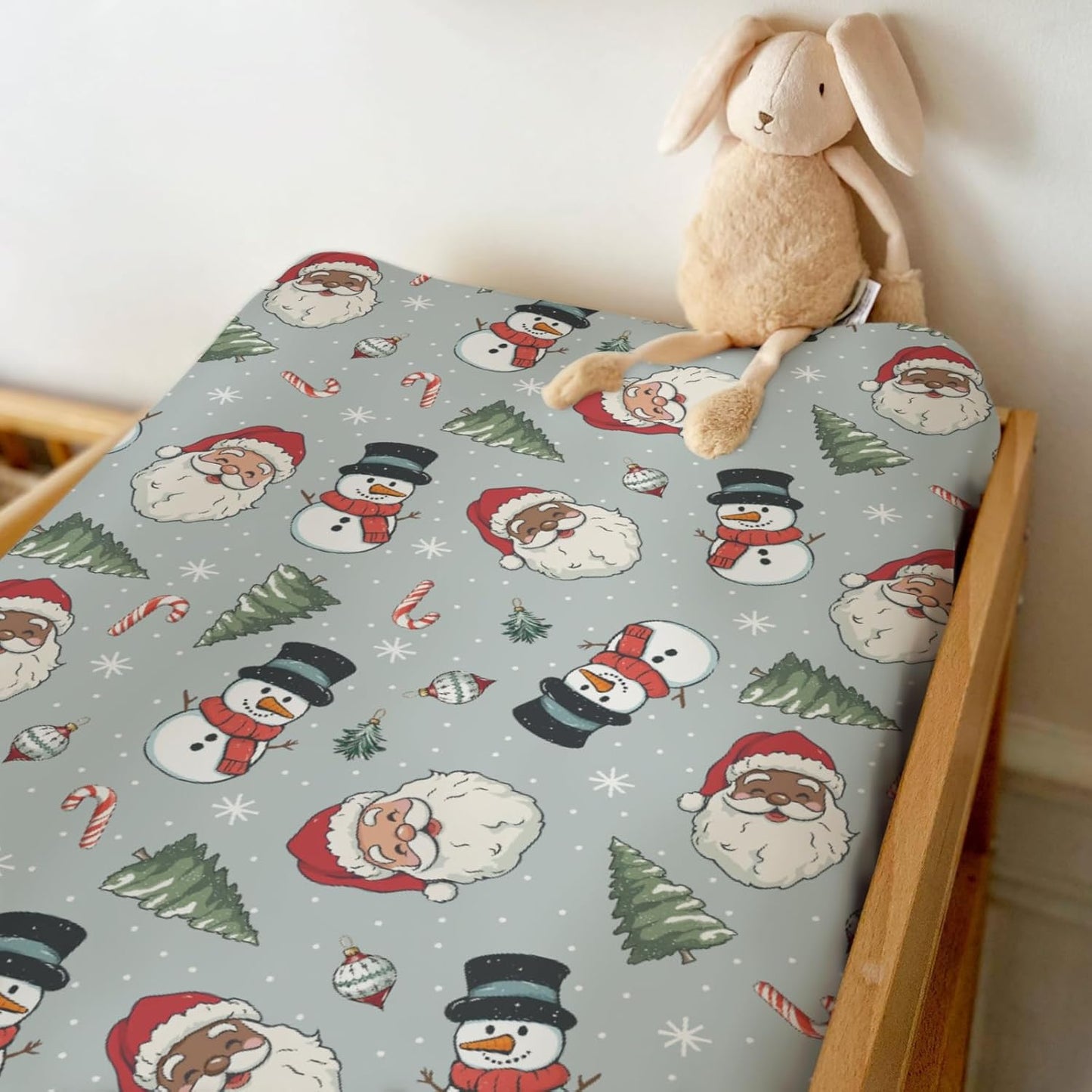 Cute Santa Claus Christmas Trees Baby Changing Pad Covers for Boy Girl Red Santa Snowman Candy Fitted Changing Table Cover Mats Winter Holiday Festive Soft Diaper Change Table Cover Sheets 32''×16''