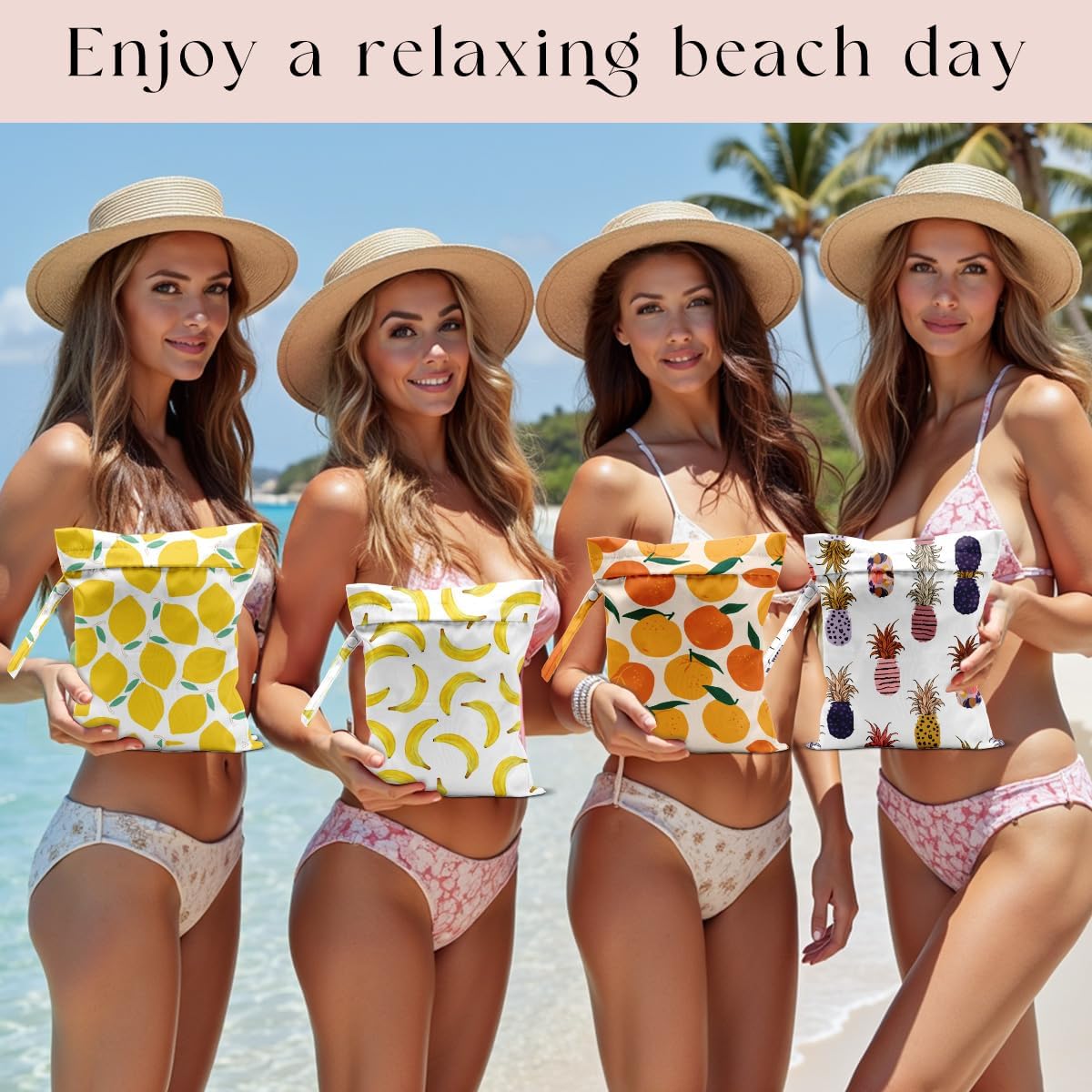 4Pcs Waterproof Wet Bag for Swimsuit, Travel Beach Wet Dry Bag, Hidden Zipper Reusable Lemon Pineapple Banana Orange Decor, for Travel Beach Wet Swimsuits Toiletries Diapers Laundry Bag