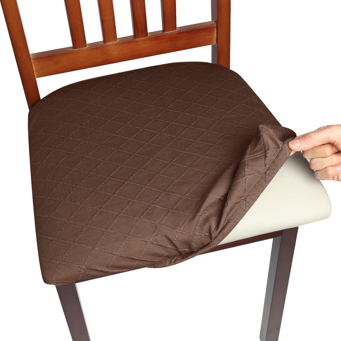 Yikko Chair Seat Covers, High-Density Check Jacquard Ekedalen Seat Covers for Dining Kitchen Restaurant Banquet, Stretch Removable Washable Chair Seat Cushion Protector (4, Brown)