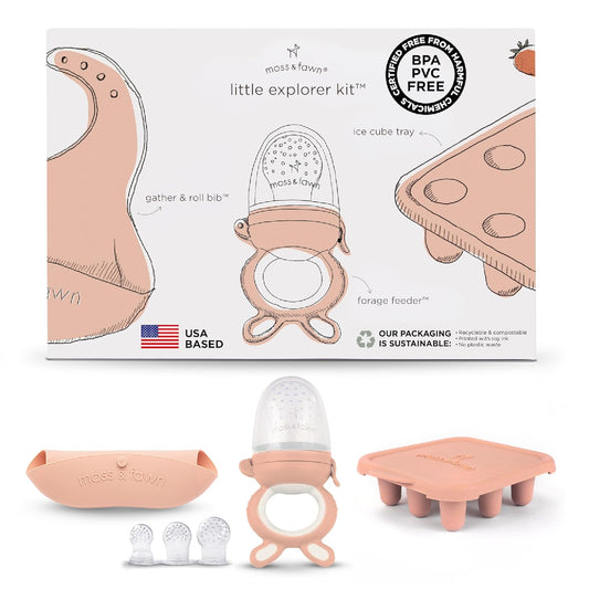 Moss and Fawn Little Explorer Kit - Silicone Frozen Breast Milk Popsicle Kit with Forage Feeder, Teething Popsicle Ice Cube Tray, & Gather & Roll Baby Feeding Bib - BPA, PVC, & Lead-Free - Bloom