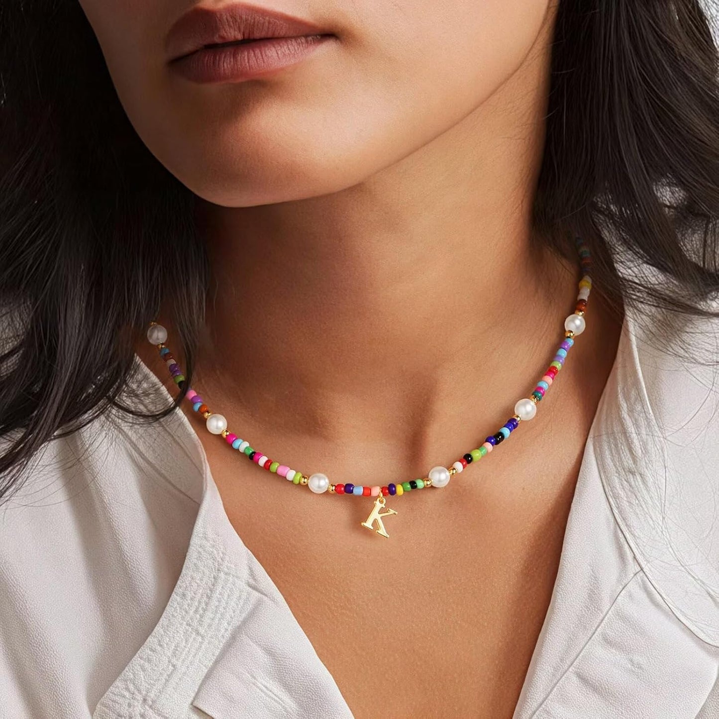 M MOOHAM Colorful Initial Necklaces for Girls Women Kids - Christmas Stocking Stuffers Beaded Pearl Choker Necklace for Women Teen Girl Gifts Trendy Personalized Letter Birthday Gifts Kids Jewelry