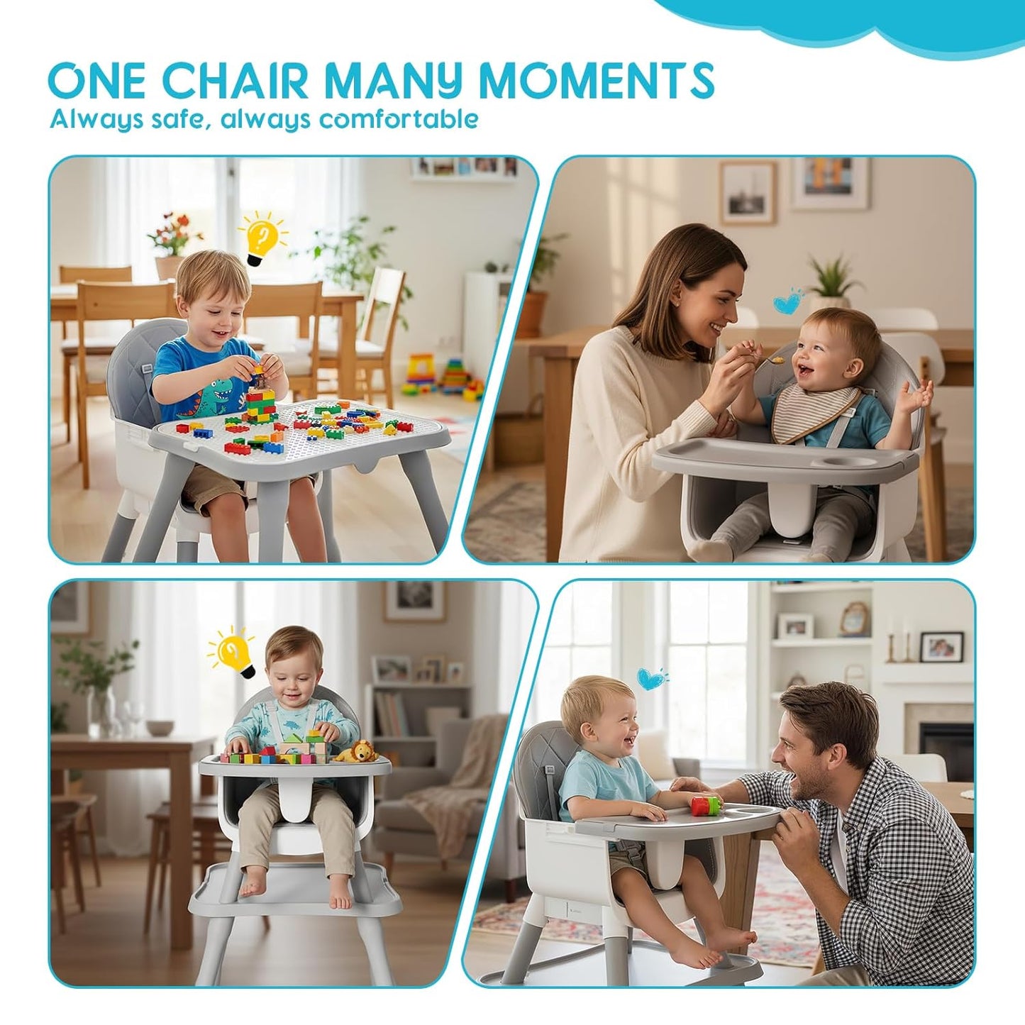 6 in 1 Baby High Chair, Convertible Highchair for Babies and Toddlers (Grey)